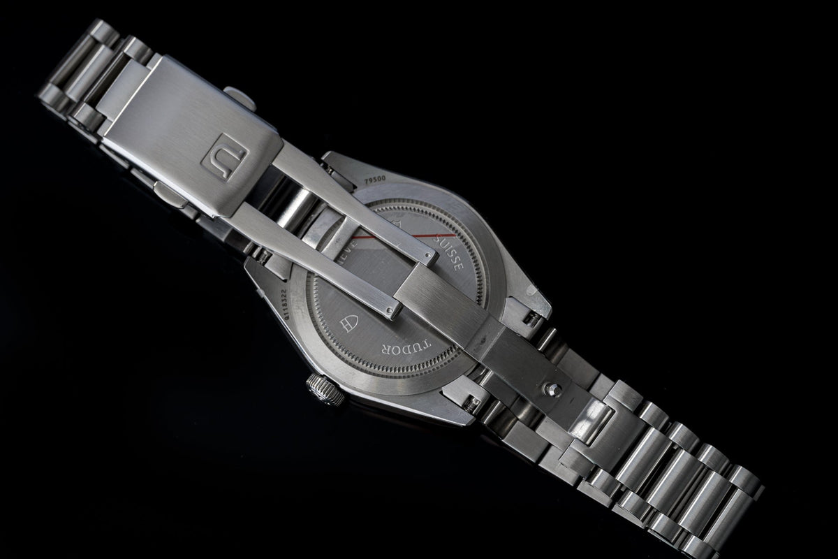 Stainless steel bracelet with solid link construction for Tudor Black Bay 36 watch, angled product view