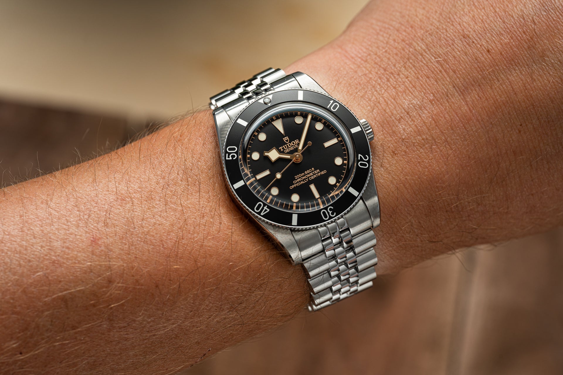 Tudor Black Bay 54 dive watch with steel bracelet on wrist, black dial with applied indices and cream hands