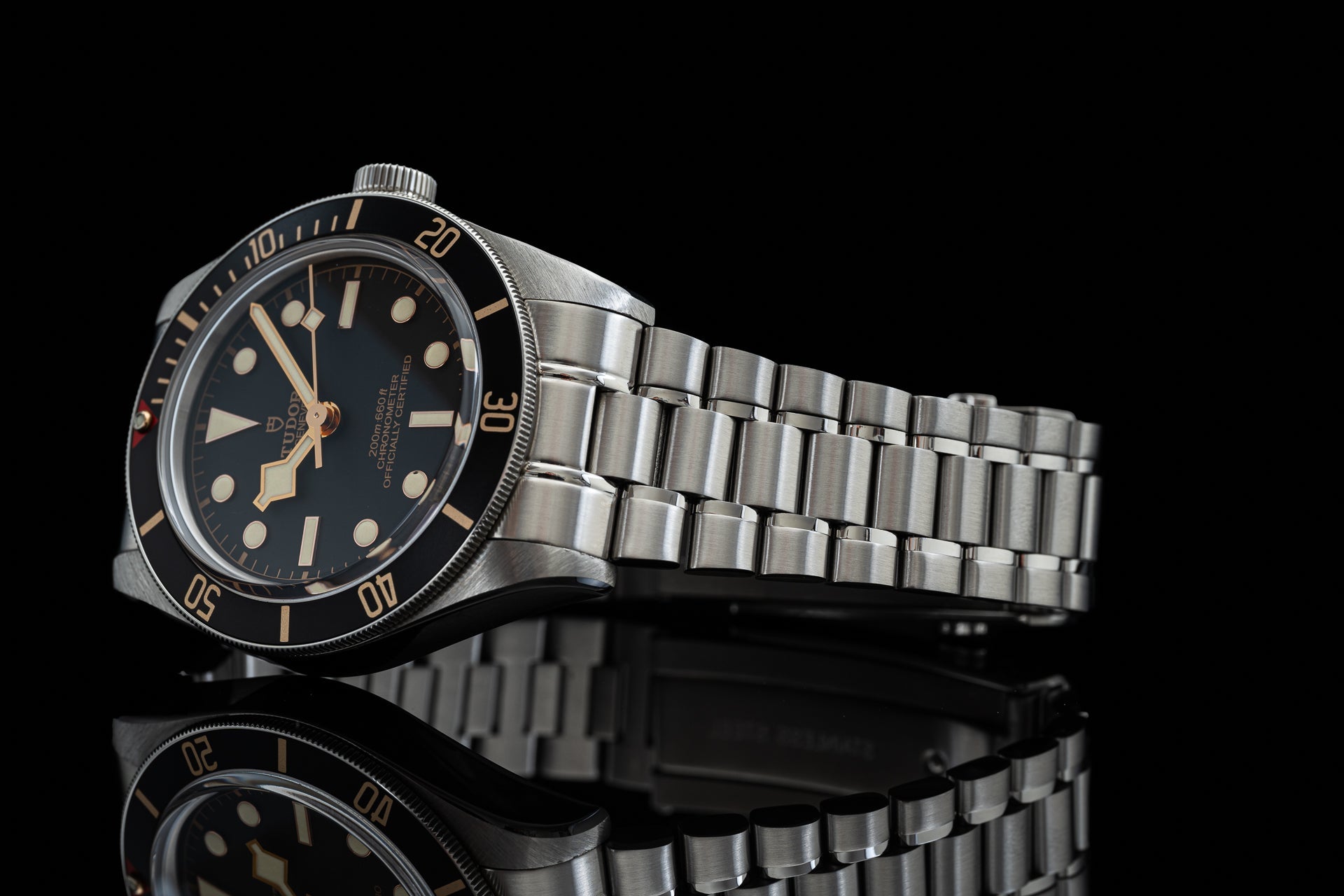 Stainless steel bracelet for Tudor Black Bay 58 watch with polished links and secure clasp
