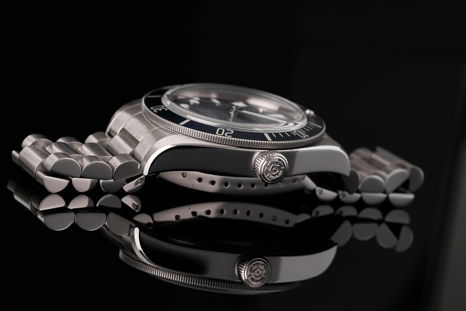 Stainless steel watch bracelet with solid end links and secure clasp, compatible with Tudor Black Bay 58 timepiece