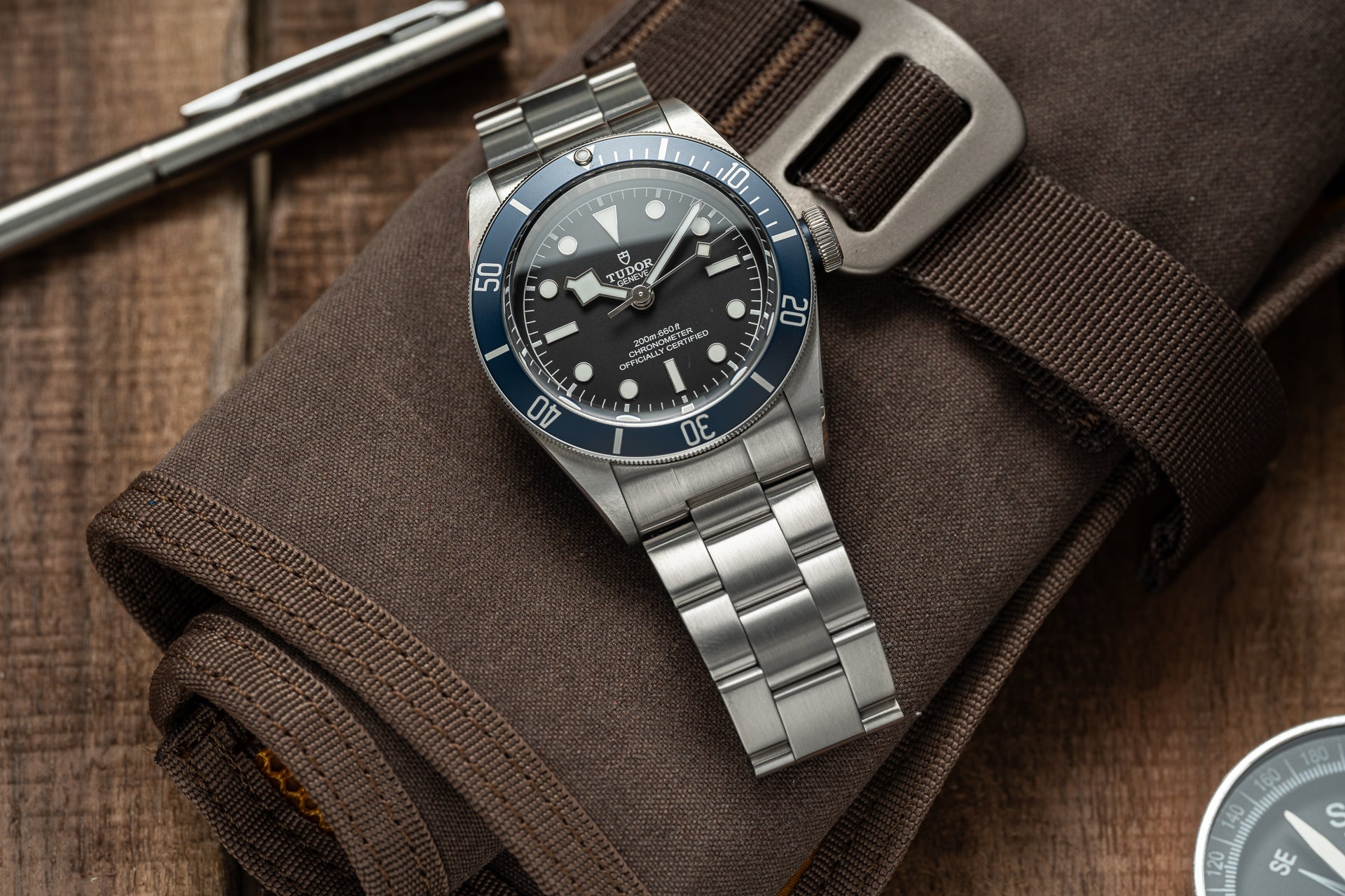 Tudor Black Bay dive watch with stainless steel bracelet and blue bezel on brown canvas strap