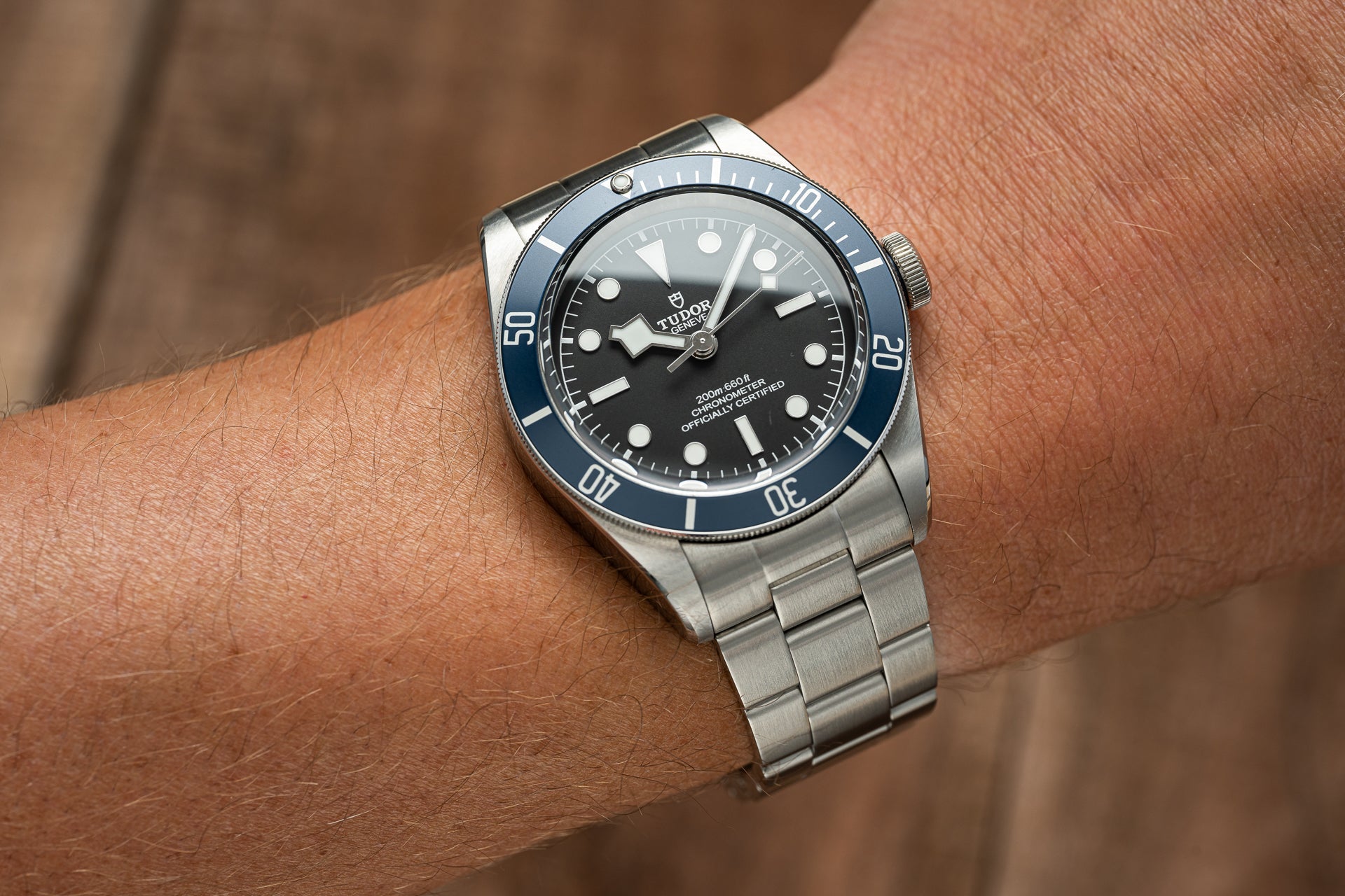 Tudor Black Bay dive watch with steel bracelet and blue bezel on wrist, showing black dial and luminous markers