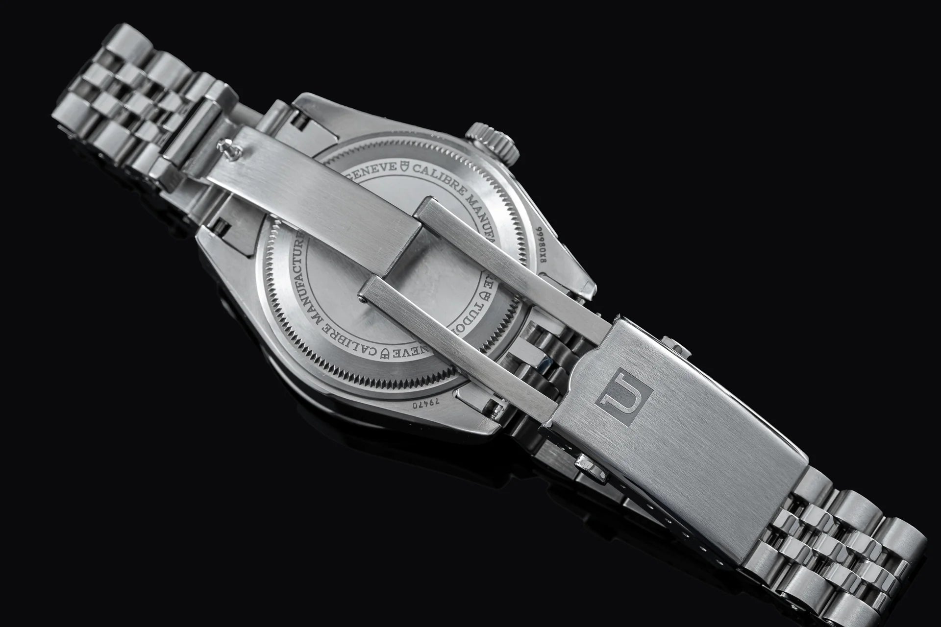 Stainless steel executive bracelet with solid links for Tudor Black Bay 58 GMT watch, back clasp view