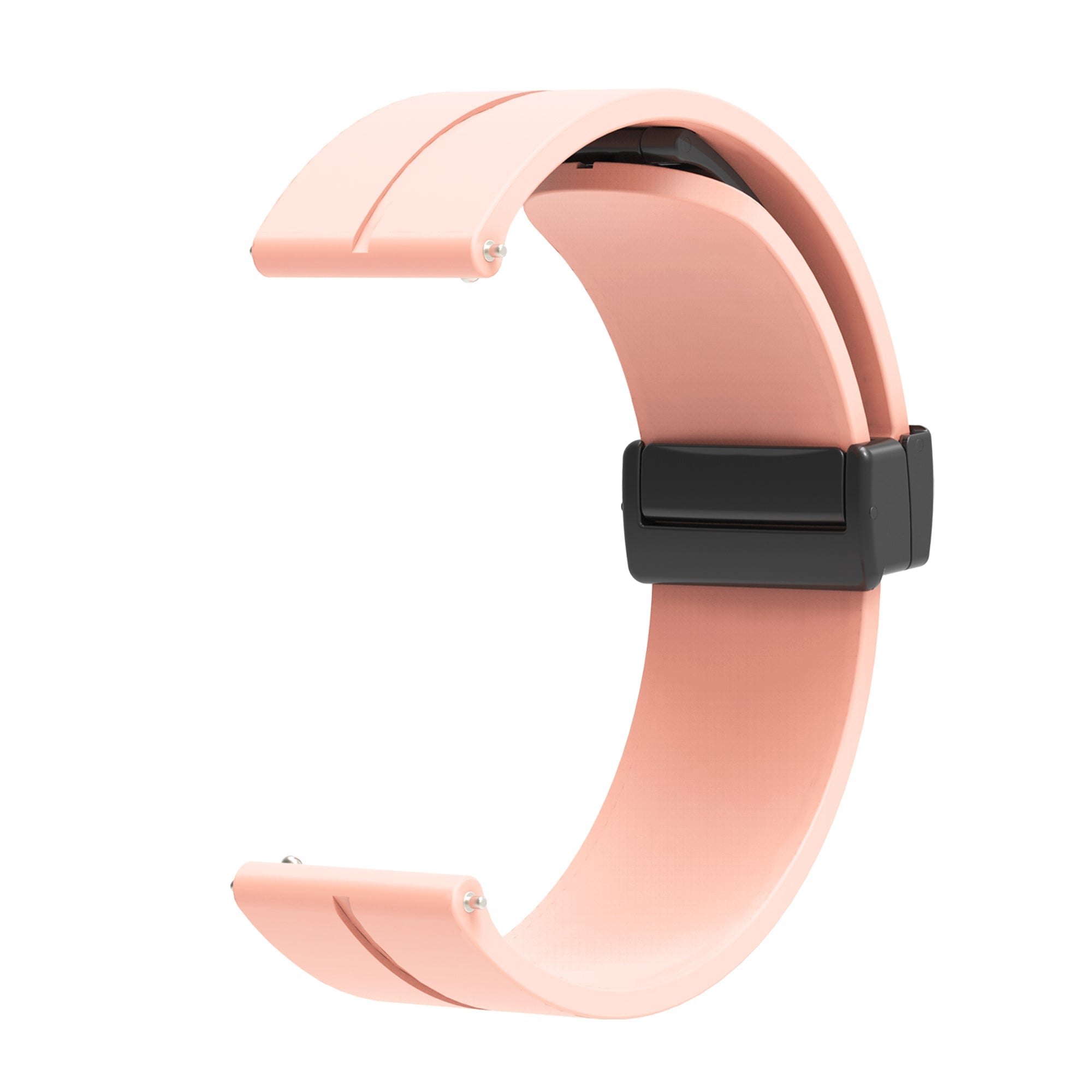 Coral pink silicone watch band with black magnetic clasp and quick release pins for smartwatch compatibility