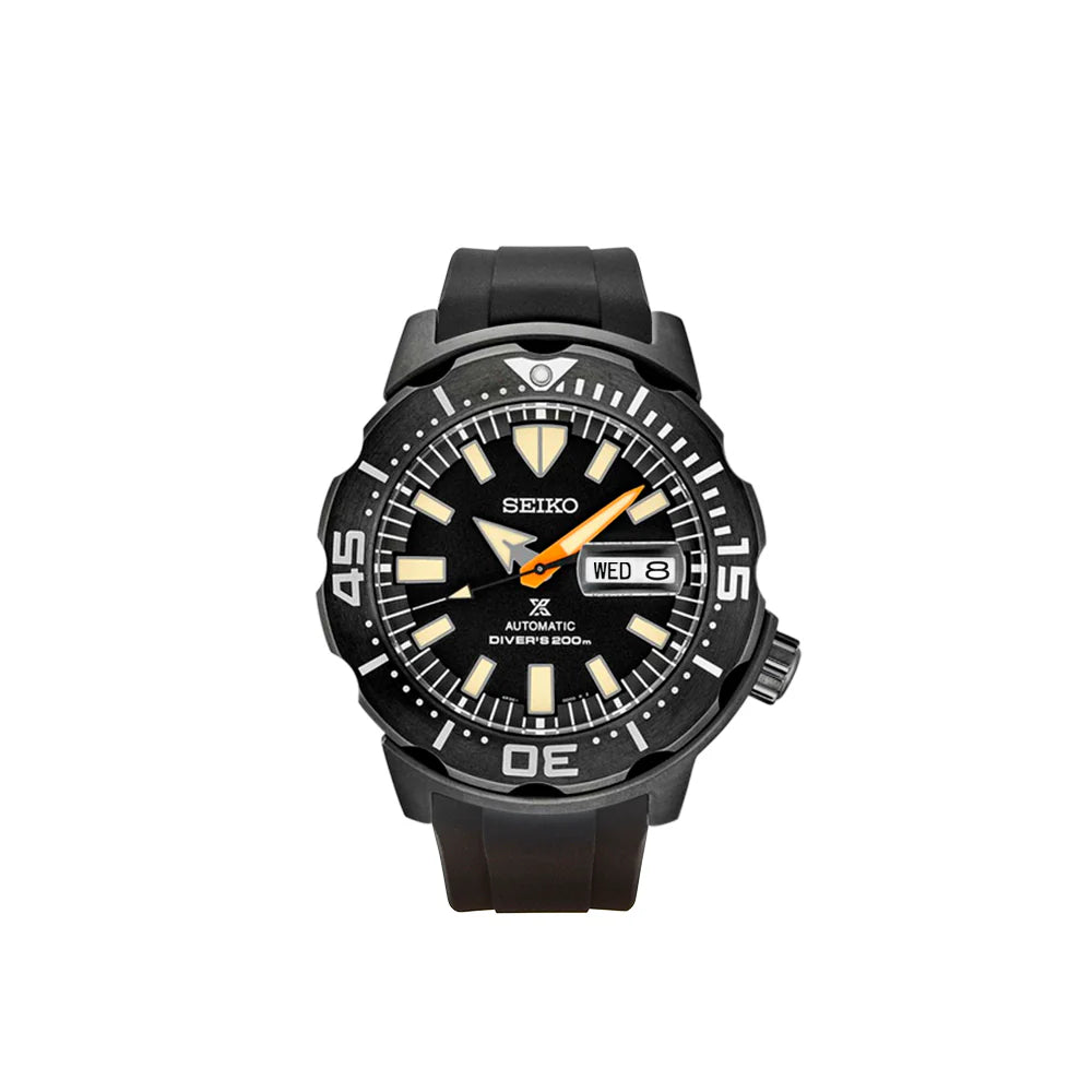 Seiko Prospex automatic diver watch with black dial, luminous indices, day-date window, and rubber strap