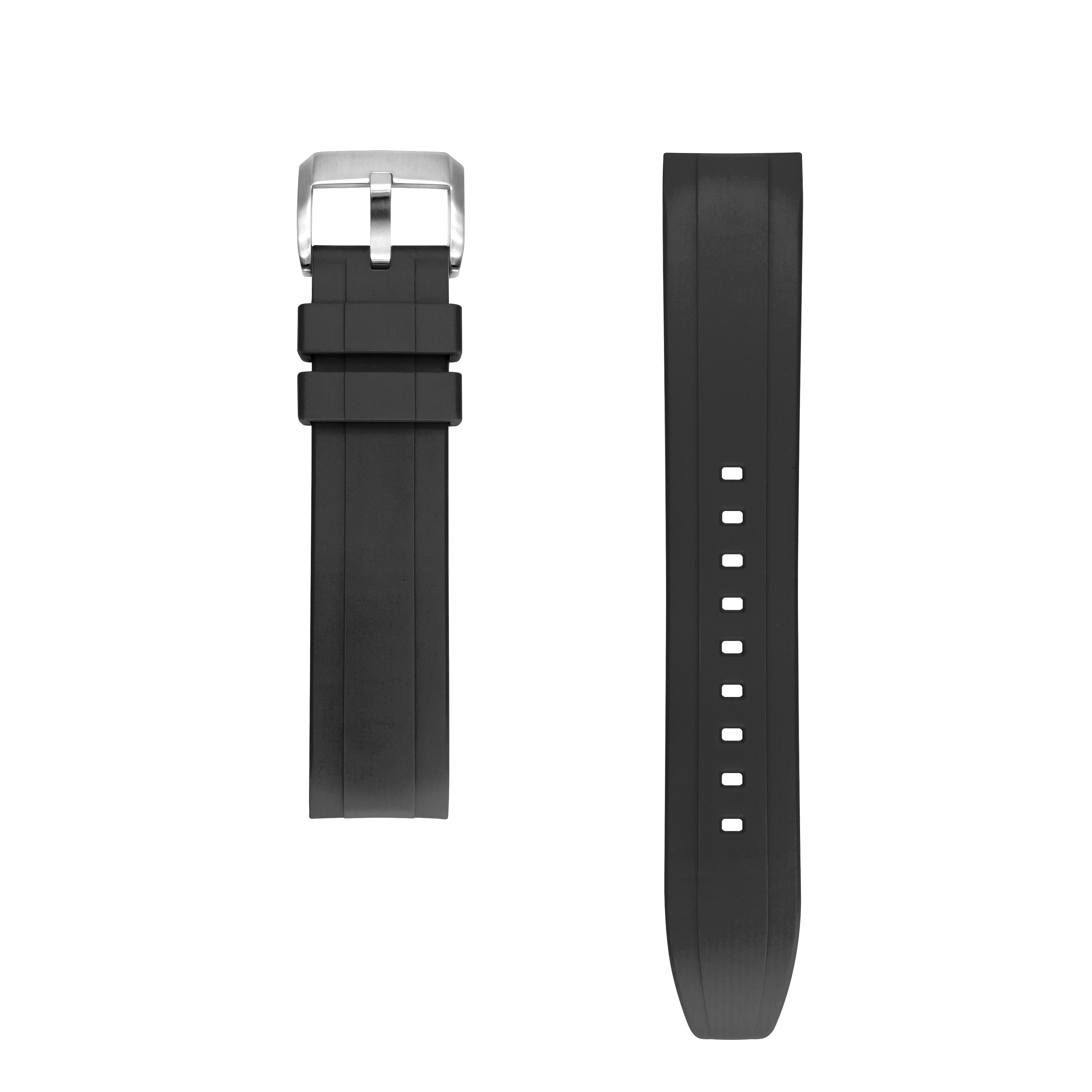 Black rubber dive watch strap with curved ends, silver buckle, and white adjustment holes for Seiko Prospex Monster