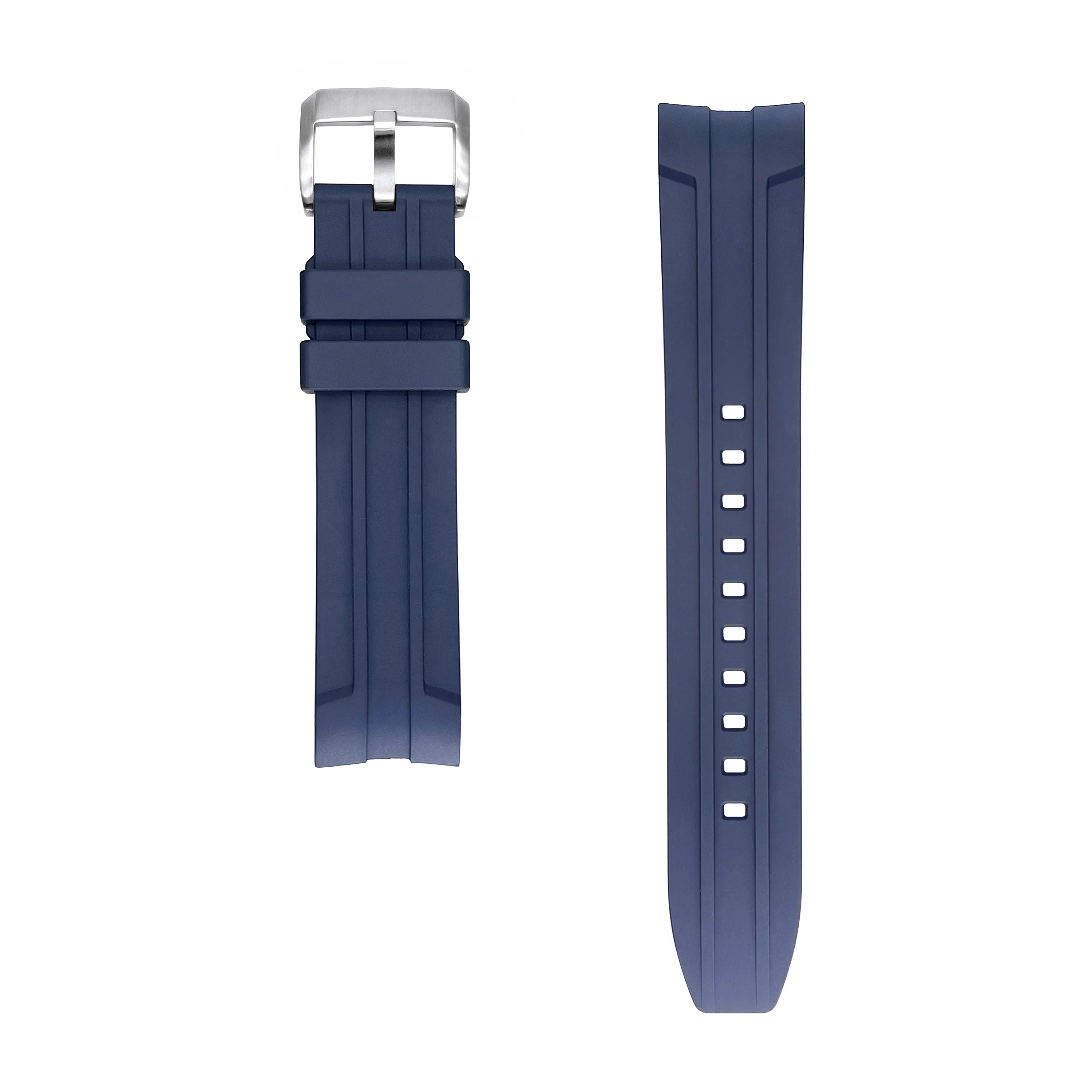 Navy blue FKM rubber watch strap with curved design, quick release pins, and stainless steel buckle for Longines Hydroconquest 41mm