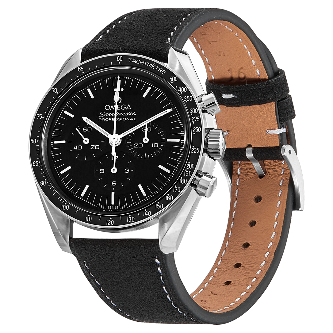 Omega Speedmaster Professional chronograph watch with black dial, tachymetre bezel, stainless steel case, and quick release Alcantara leather strap with white stitching