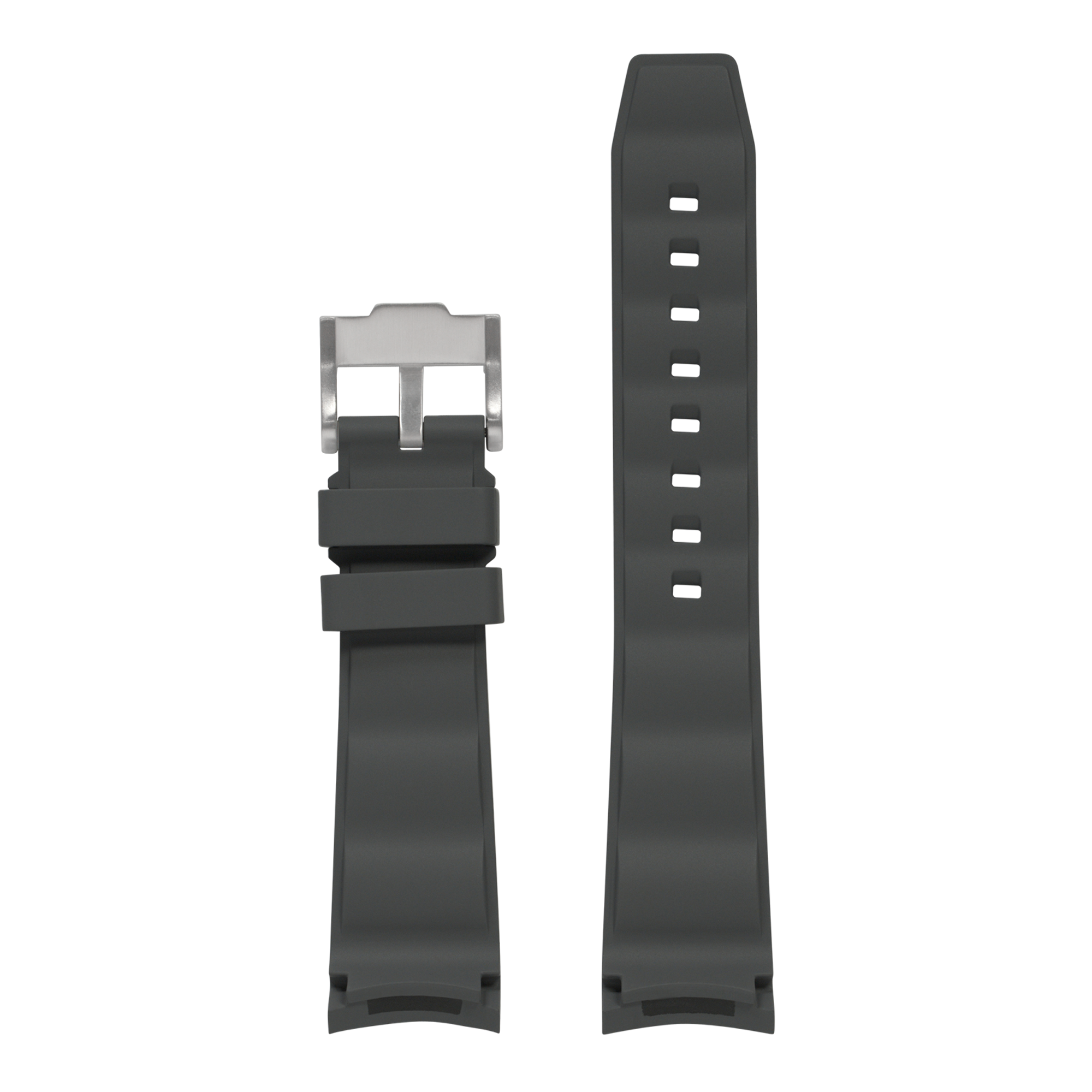Black rubber watch strap with curved ends and stainless steel buckle, compatible with newer Rolex Submariner 21mm models