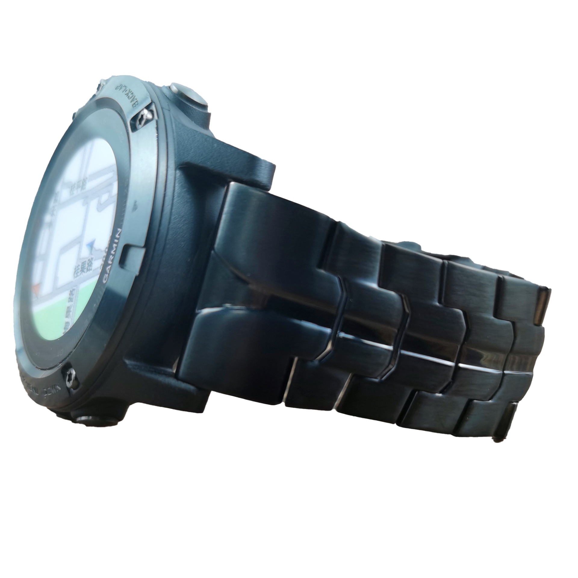 Black tactical watch with QuickFit armour bracelet band, digital display face, and military-grade case design