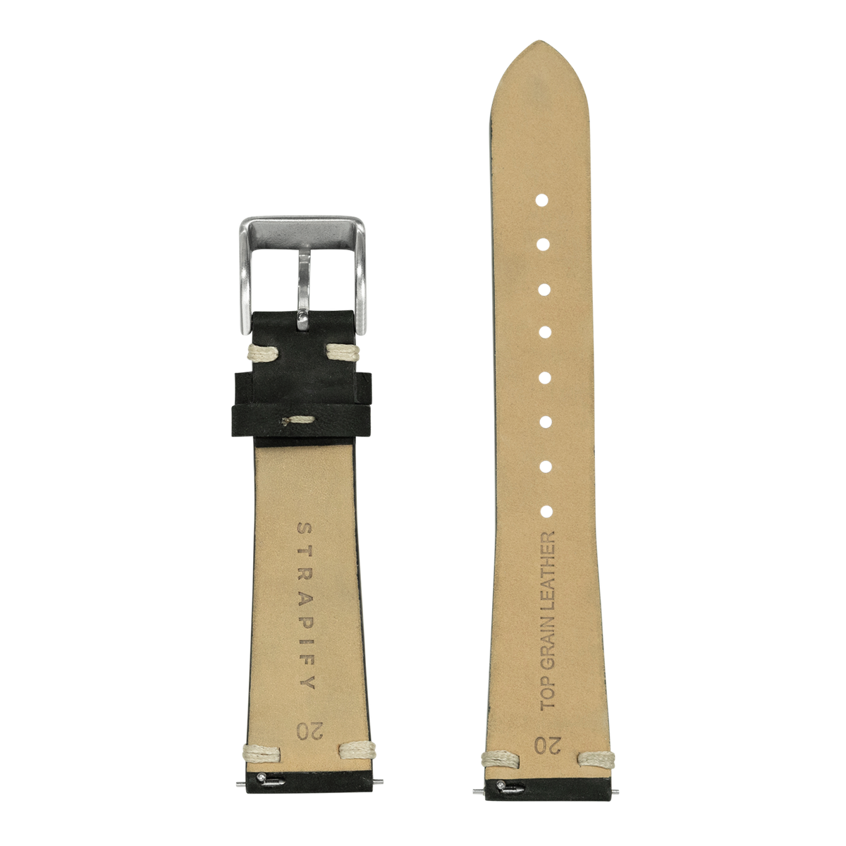 Black nubuck leather watch band with silver buckle for Fitbit Versa and Sense smartwatches, shown front and back view