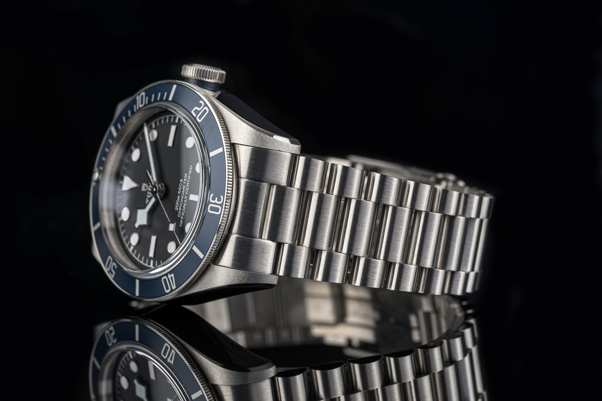 Stainless steel watch bracelet with solid end links for Tudor Black Bay 41mm, featuring polished and brushed finish links