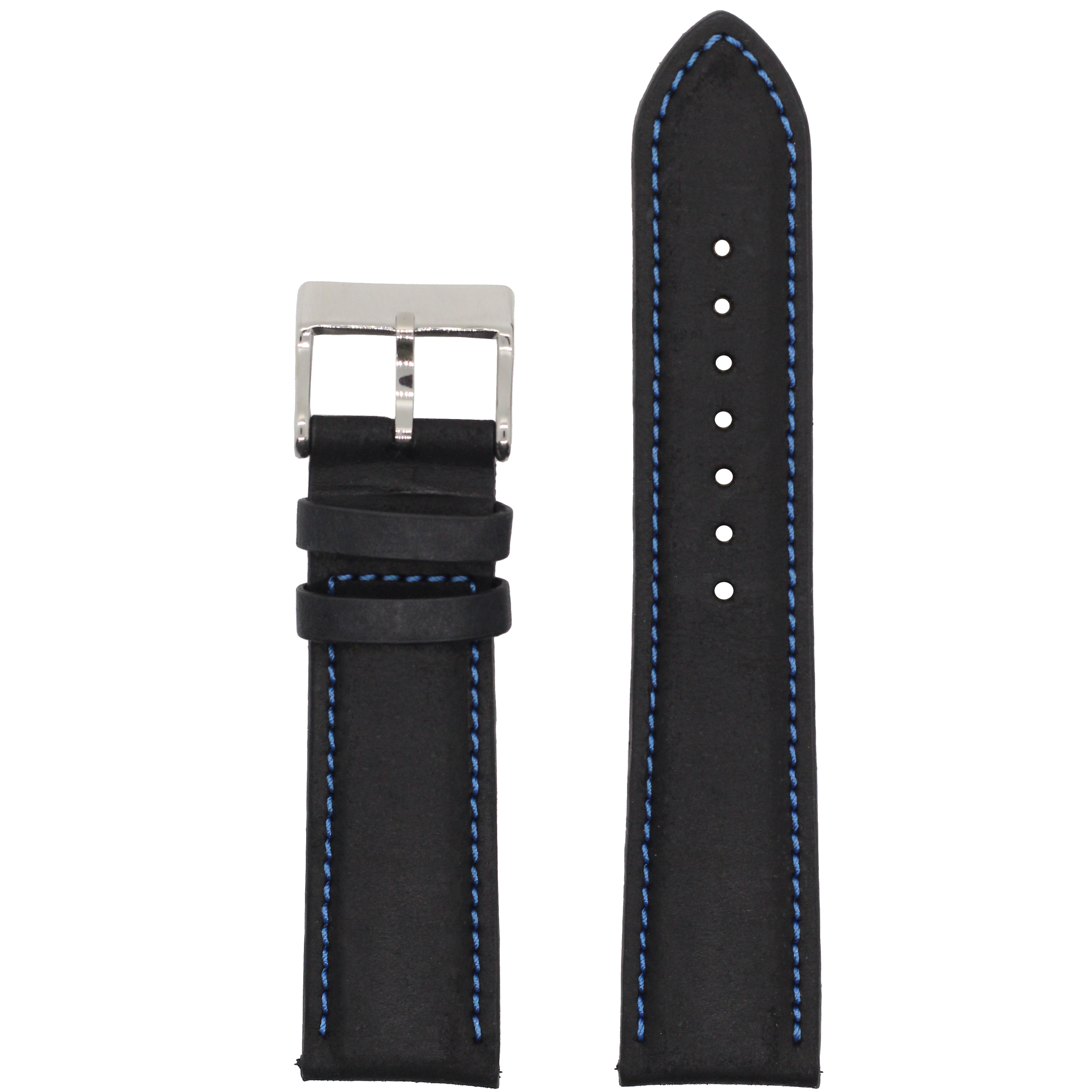 Black leather watch band 20mm with blue stitching and stainless steel buckle, QuickFit compatible