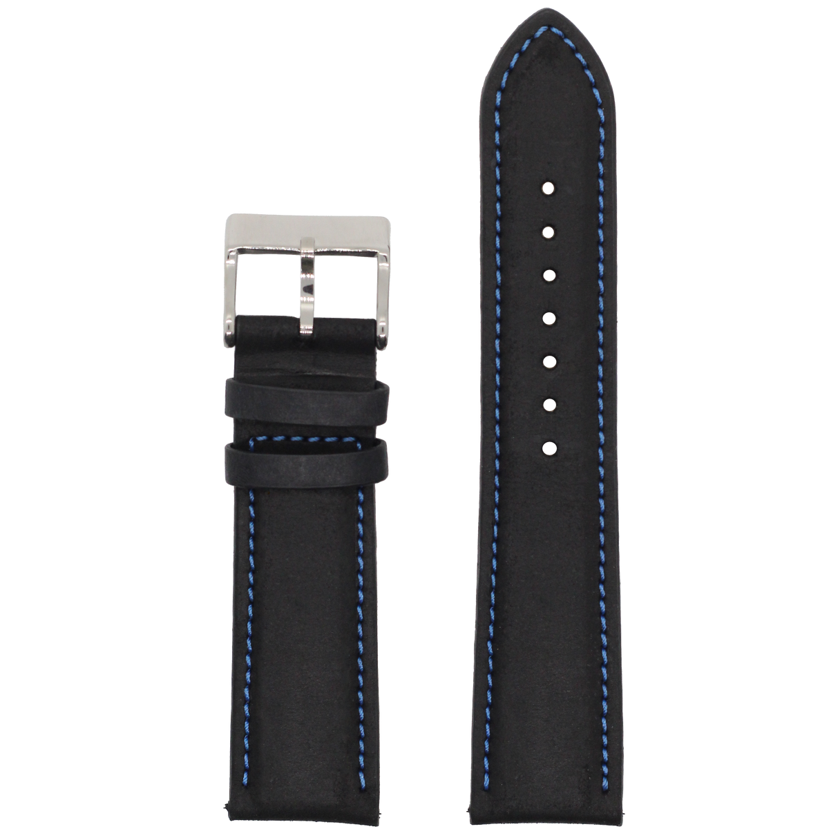 Black leather watch band with blue stitching, stainless steel buckle, padded design for Galaxy Watch 8 and Ultra models