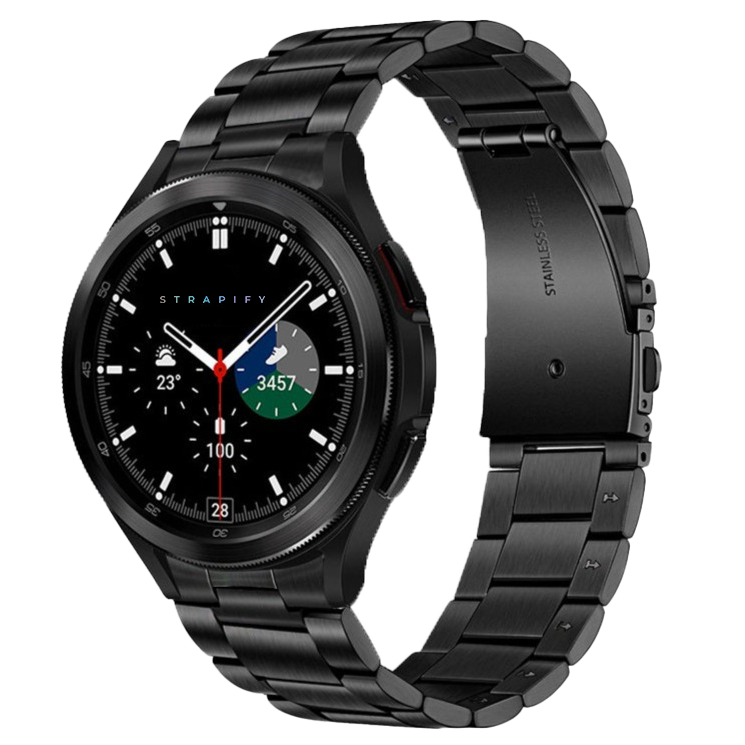 Black stainless steel bracelet strap for Galaxy Watch 4-7 with fitted metal band and secure clasp