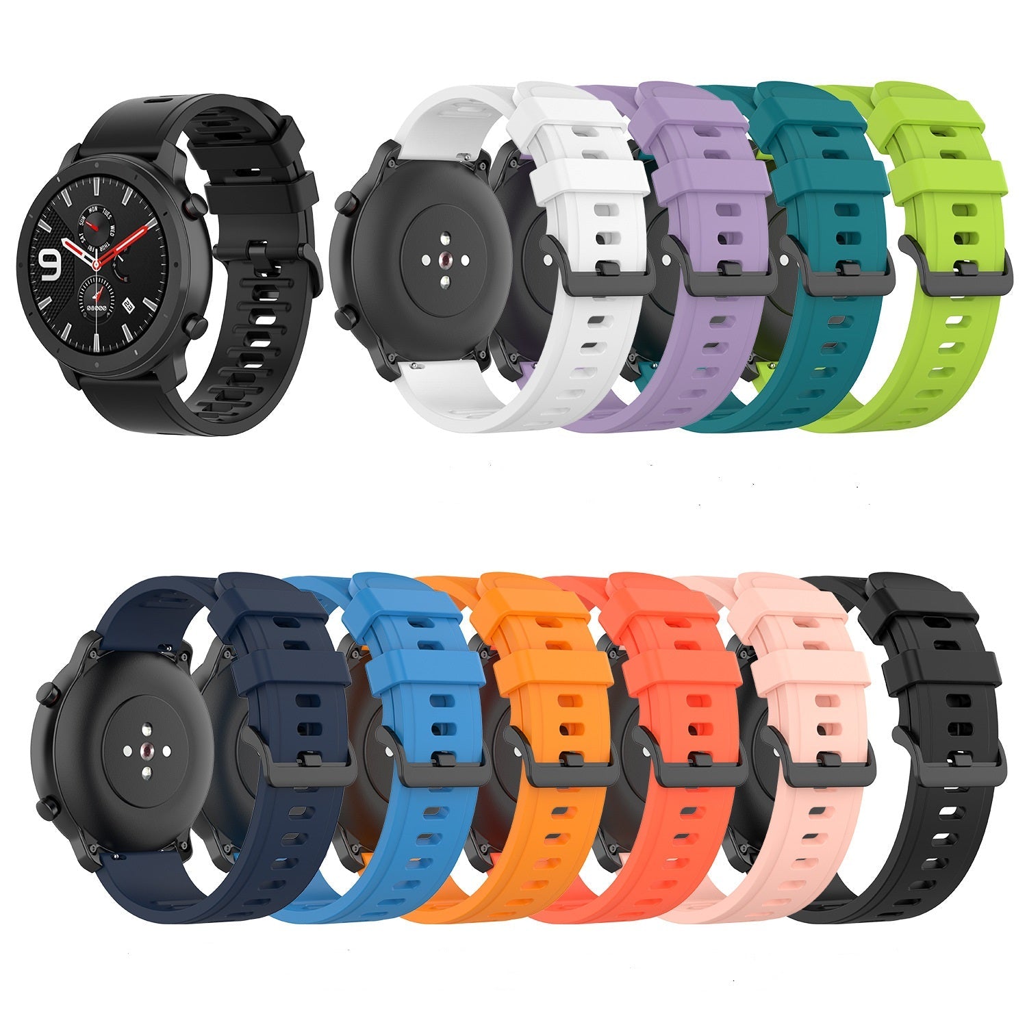 Black sport smartwatch with interchangeable silicone bands in multiple colors including white, purple, teal, lime, navy, blue, orange, red, and pink