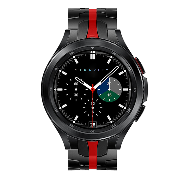Strapify Armour black steel bracelet with red stripe for Galaxy Watch 4-7, chronograph watch band replacement
