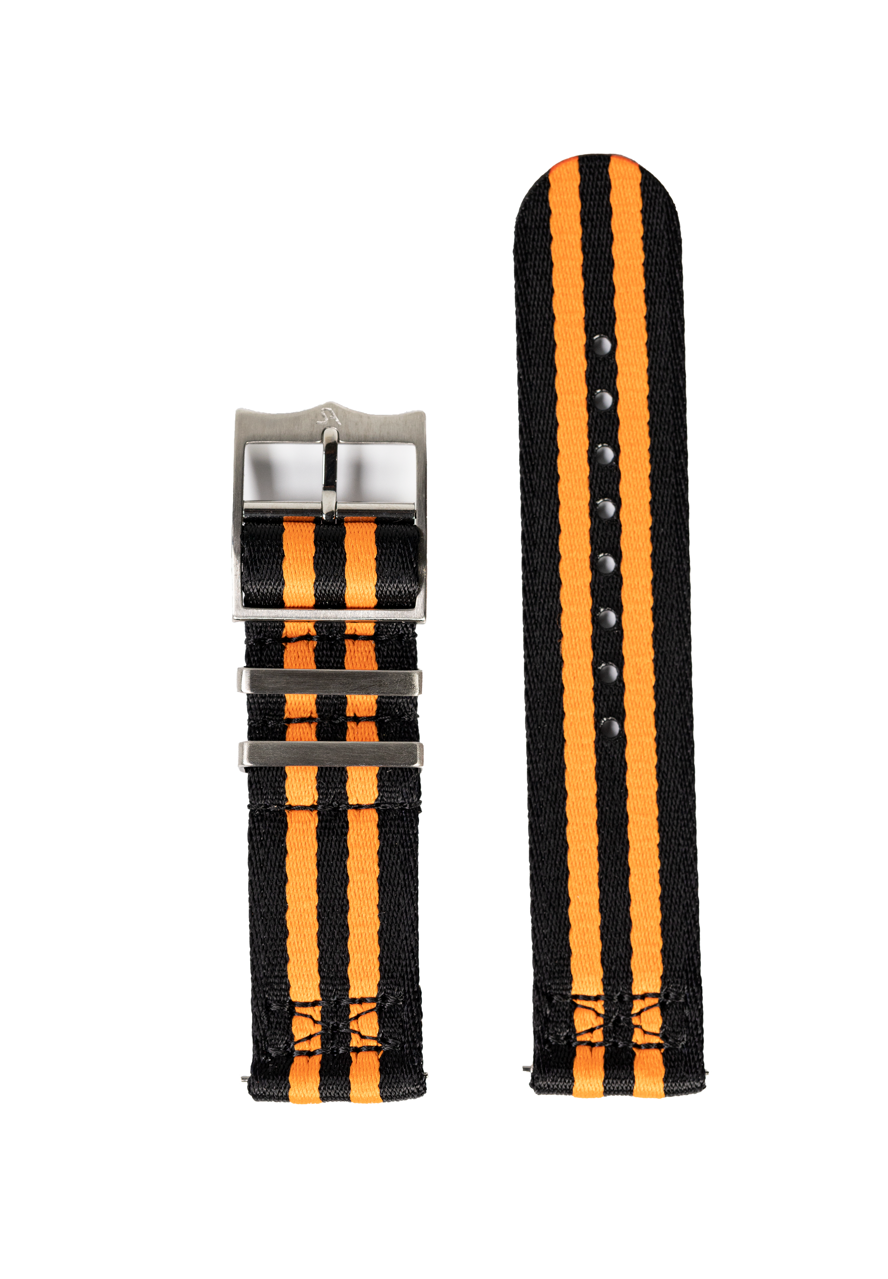 Black and orange striped fabric watch strap with quick release pins and stainless steel buckle