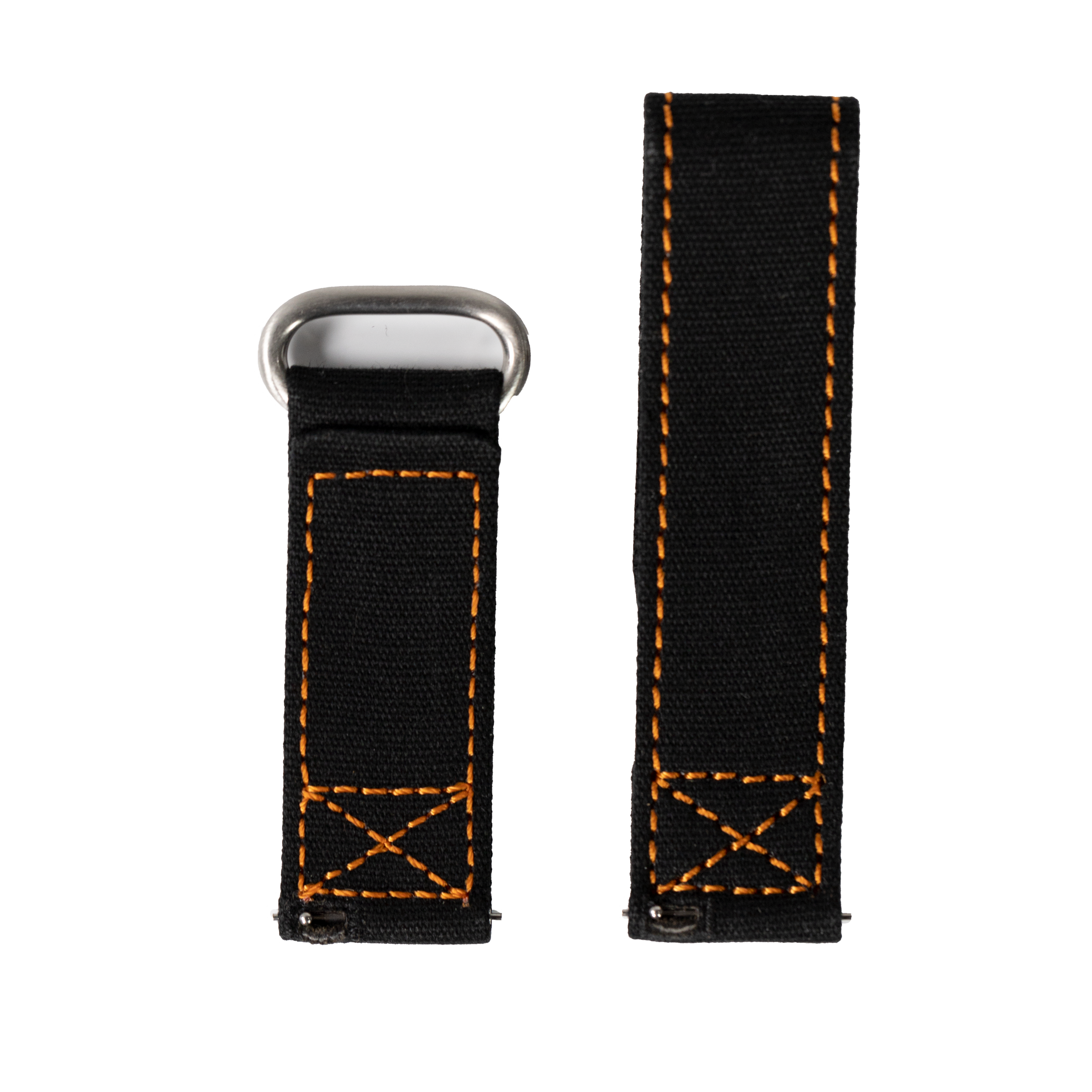 Black canvas military watch strap with orange contrast stitching and quick release metal buckle