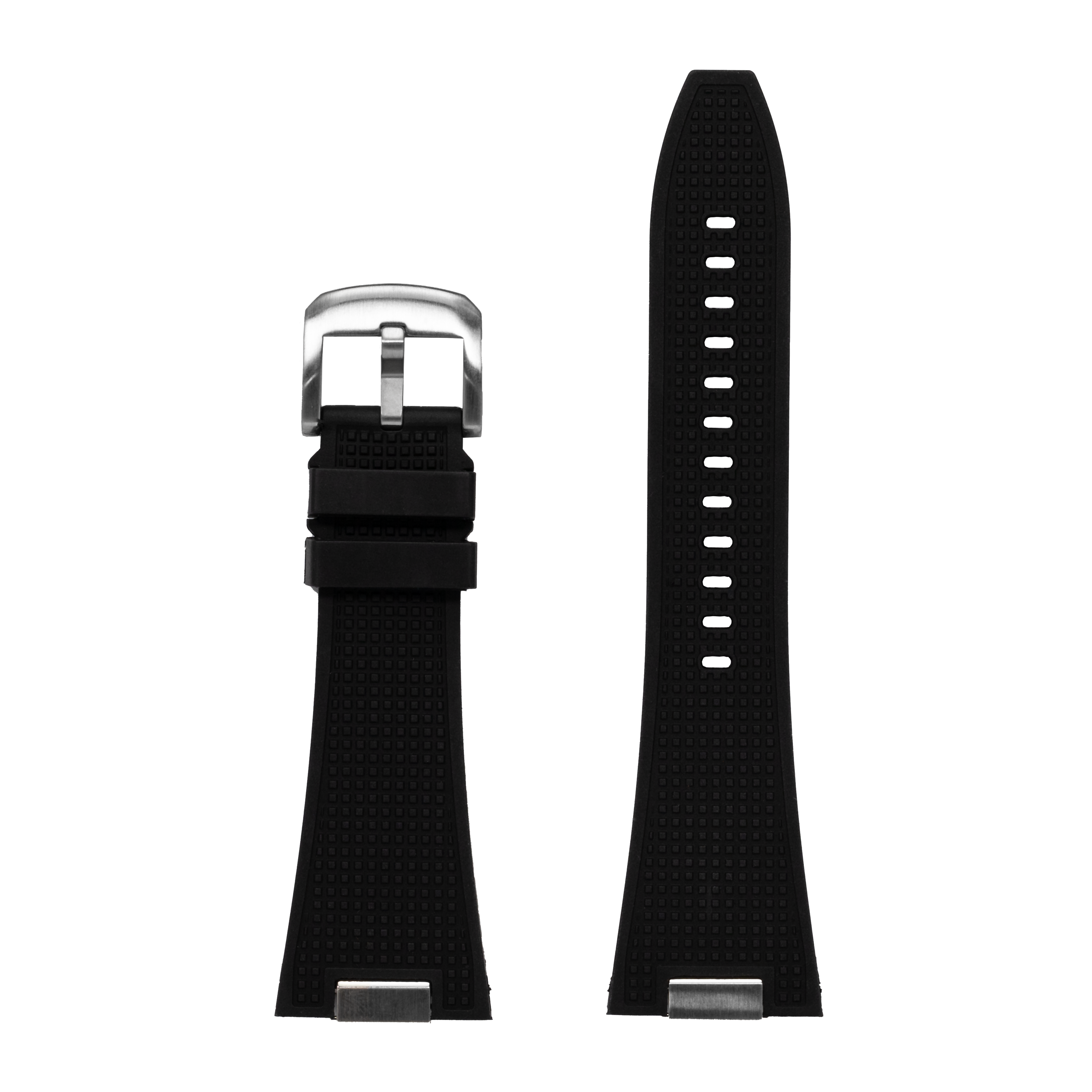 Black FKM rubber watch strap with stainless steel buckle and white dial markers for Tissot PRX 40
