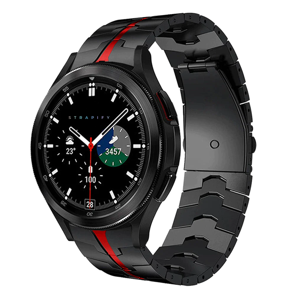 Black and red steel bracelet smartwatch with chronograph dial, temperature display, and step counter showing 3457 steps