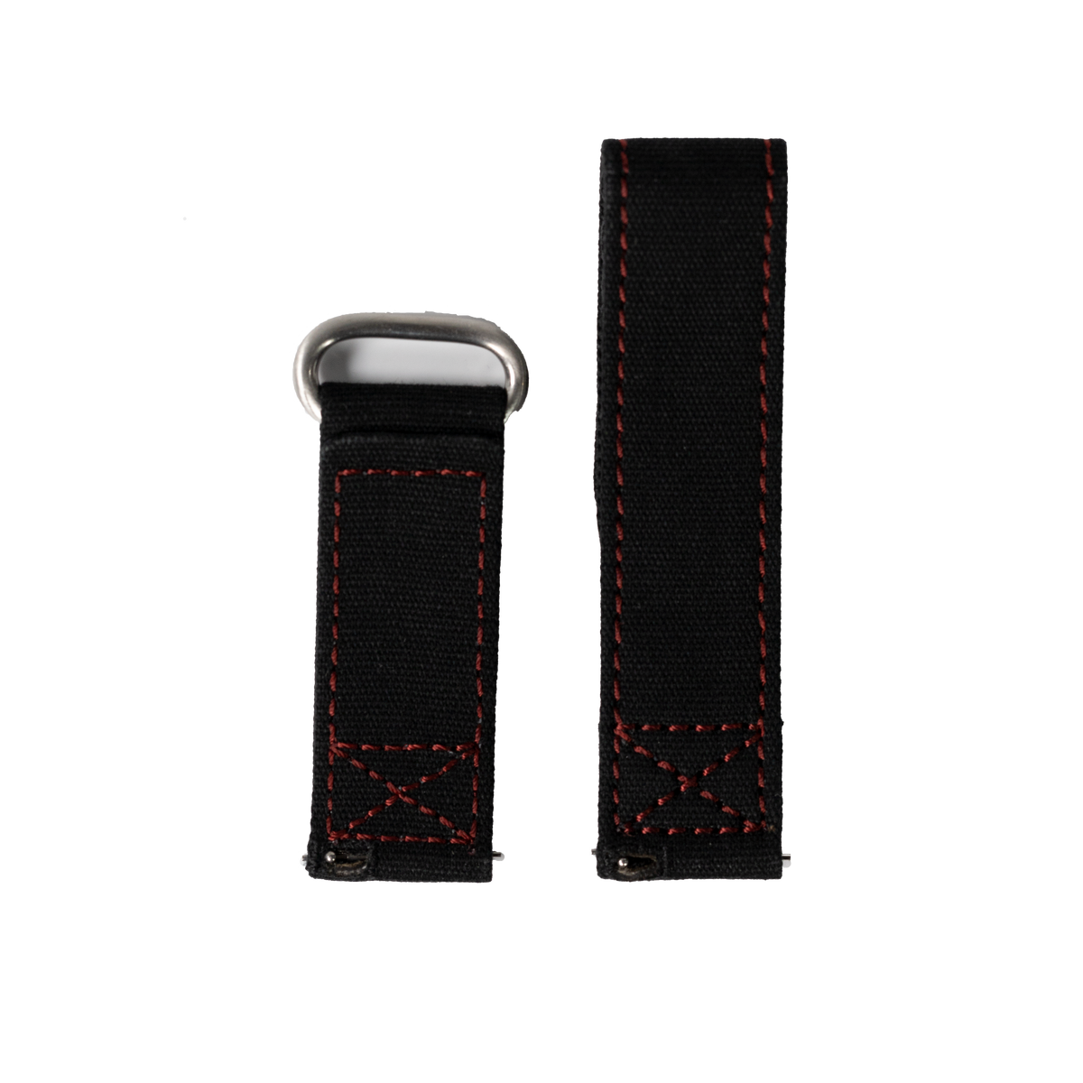 Black canvas military watch band with red stitching and velcro closure, includes silver hardware for Galaxy Watch
