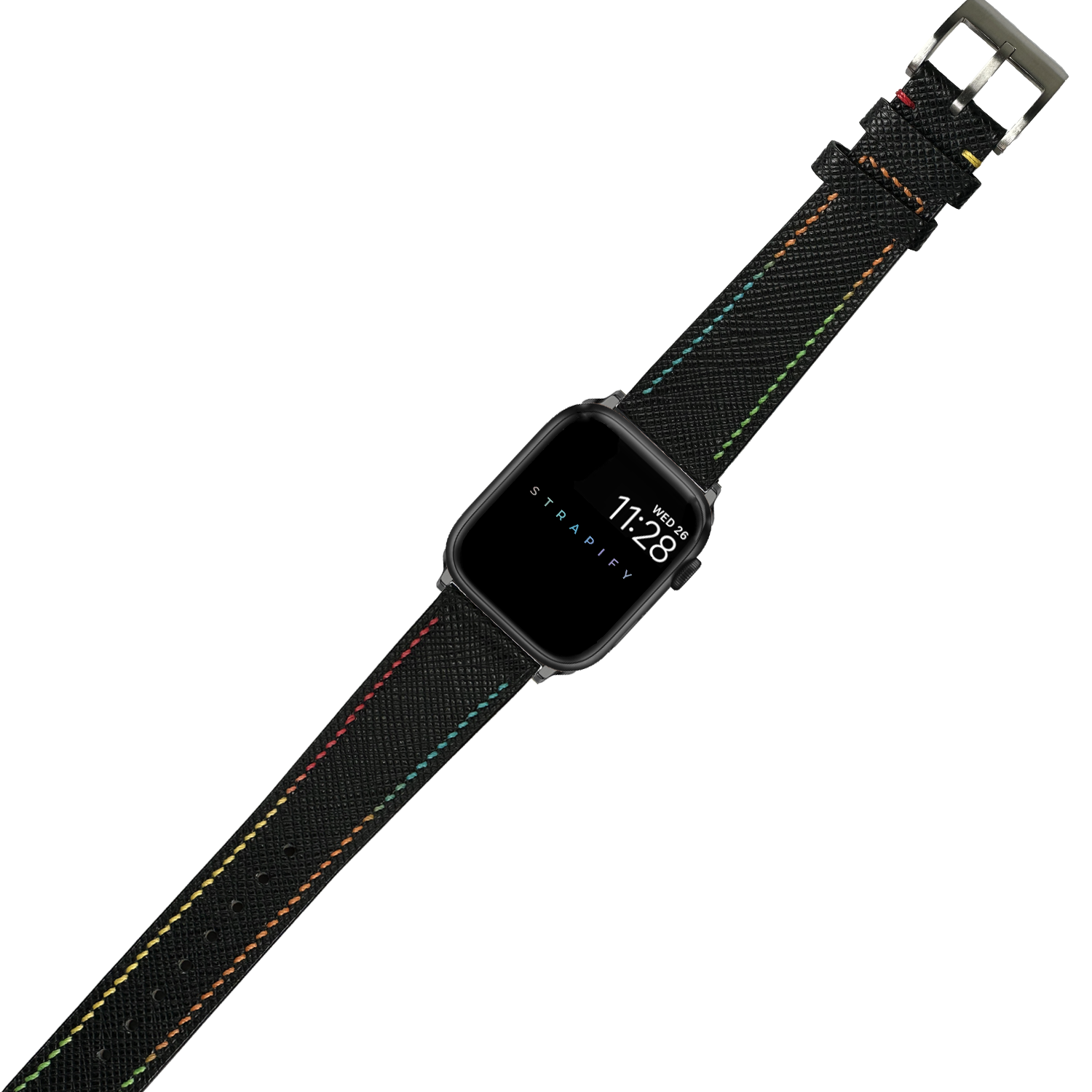Black canvas smartwatch band with rainbow stitching, stainless steel buckle, displayed on square face watch showing time 11:28