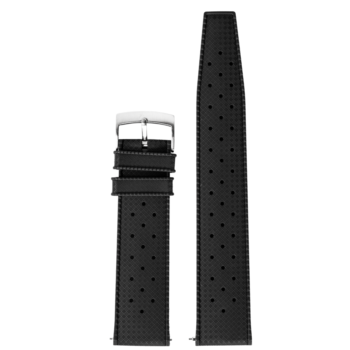 Black FKM rubber watch band with perforated design and stainless steel buckle, compatible with Apple Watch