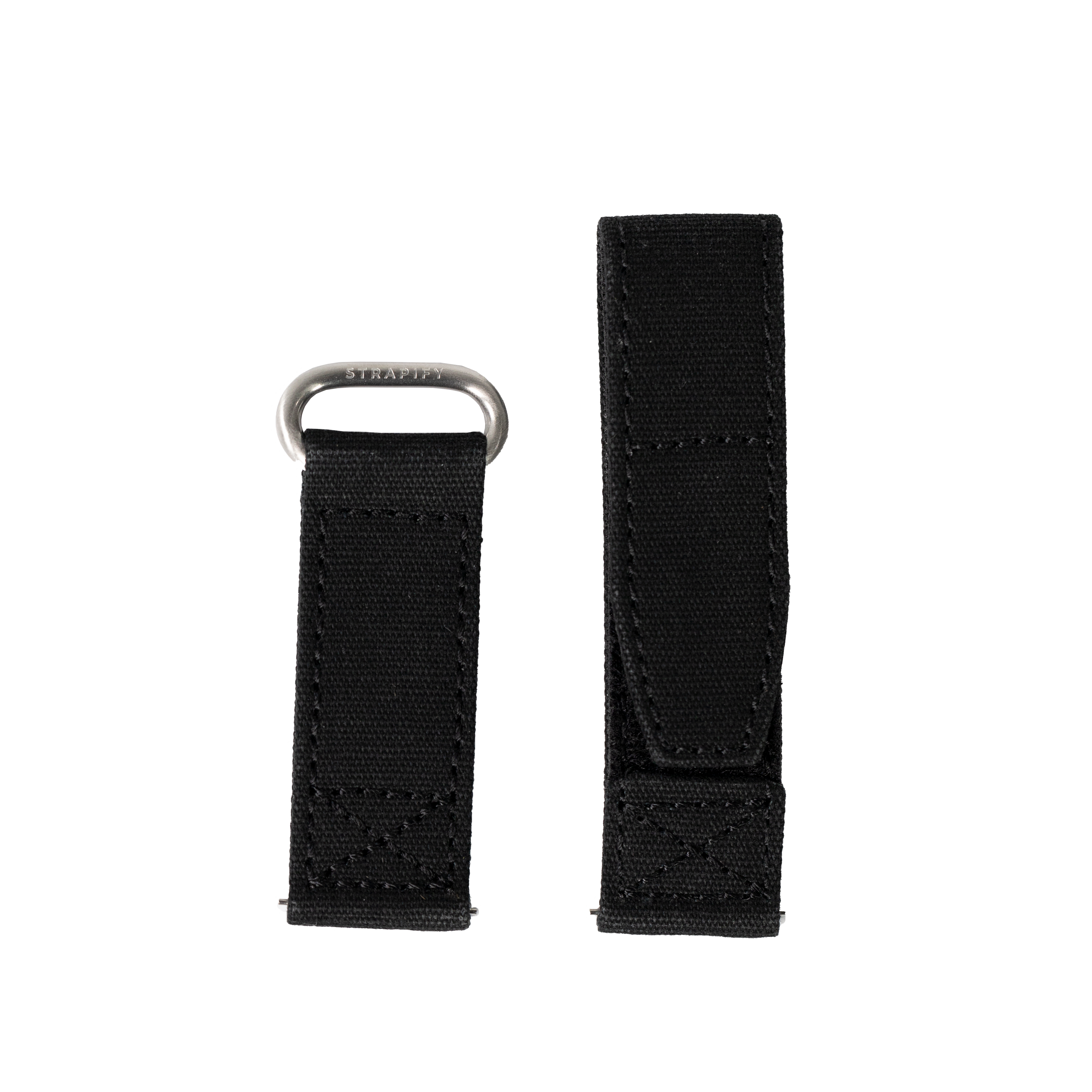 Black canvas military watch strap with velcro fastening and stainless steel loop hardware, 22mm width