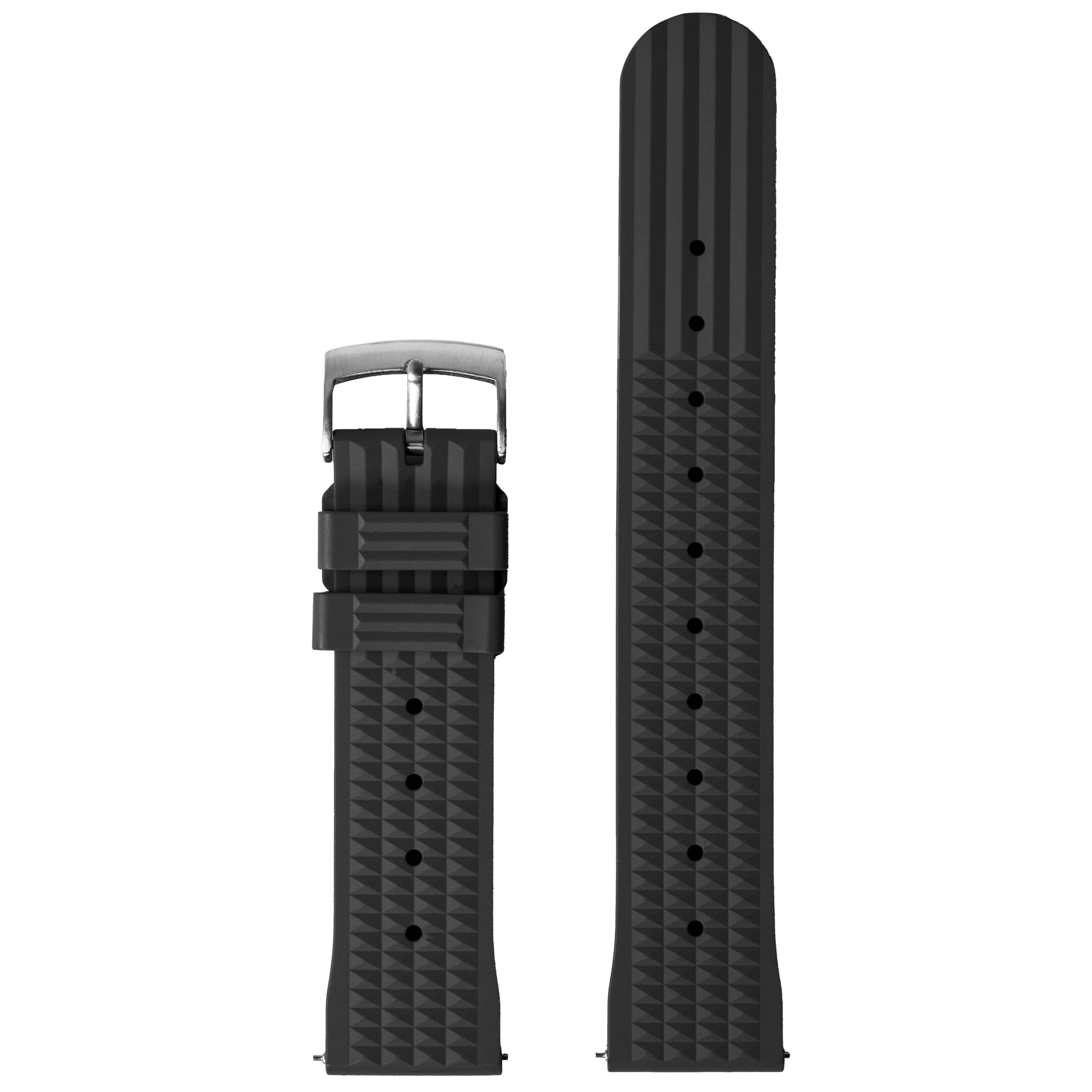 Black waffle FKM rubber watch band with silver buckle for Fitbit Versa and Sense smartwatches, shown extended and coiled