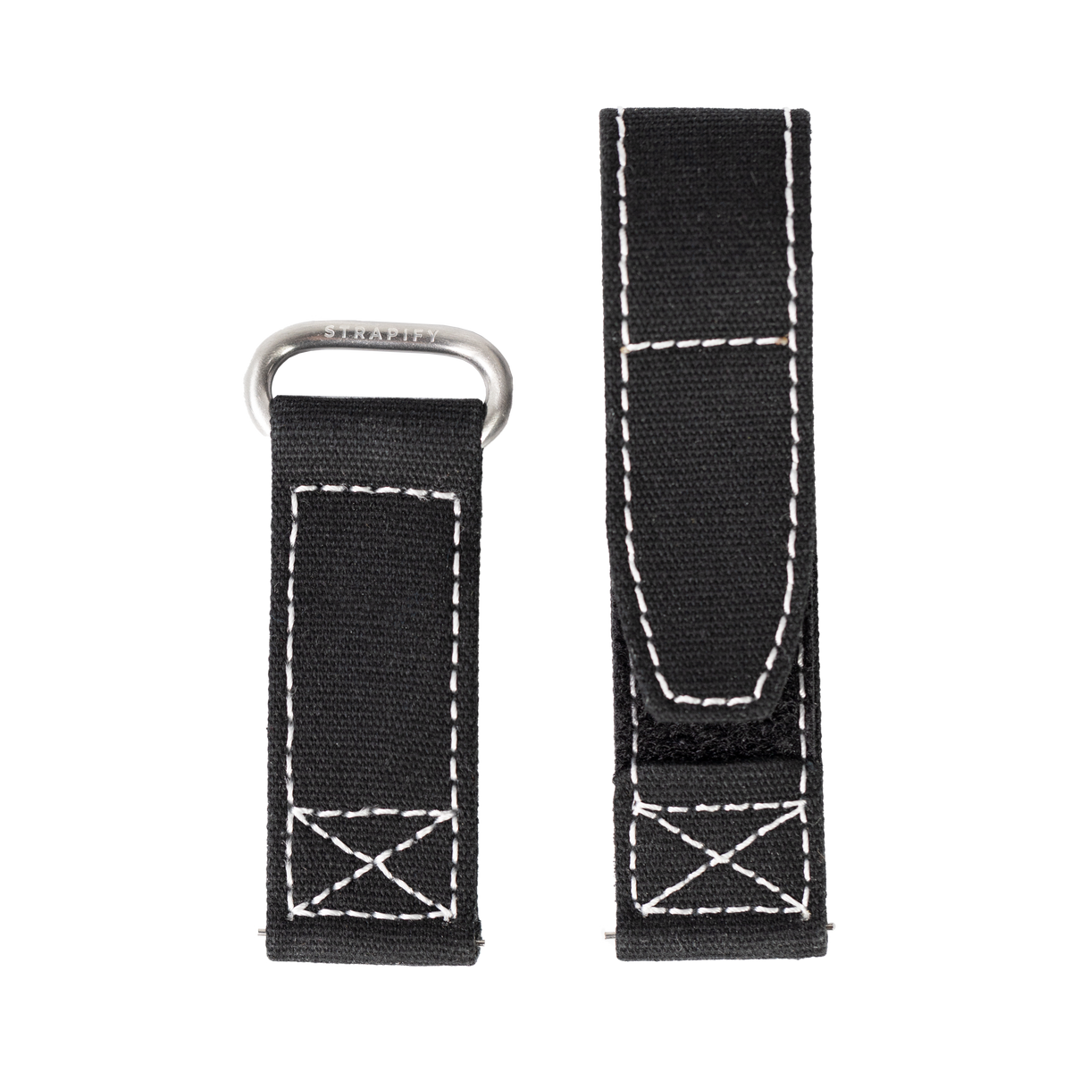 Black military-style velcro watch band with white stitching and silver hardware for Apple Watch