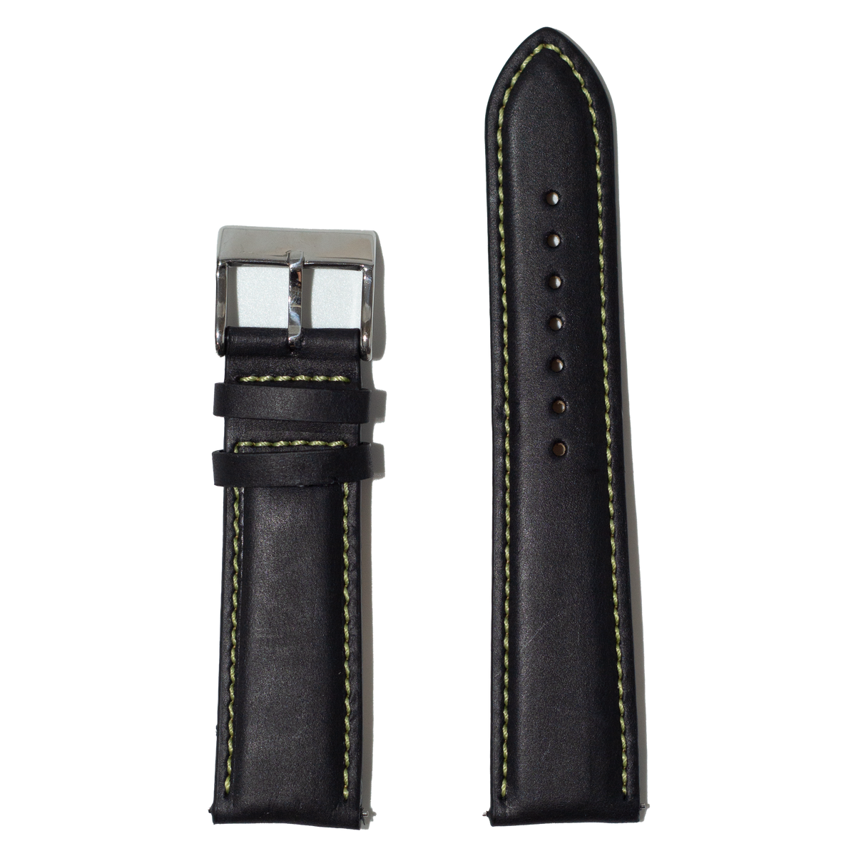 Black leather watch band with yellow stitching and silver buckle, padded design for Galaxy Watch 8 Ultra
