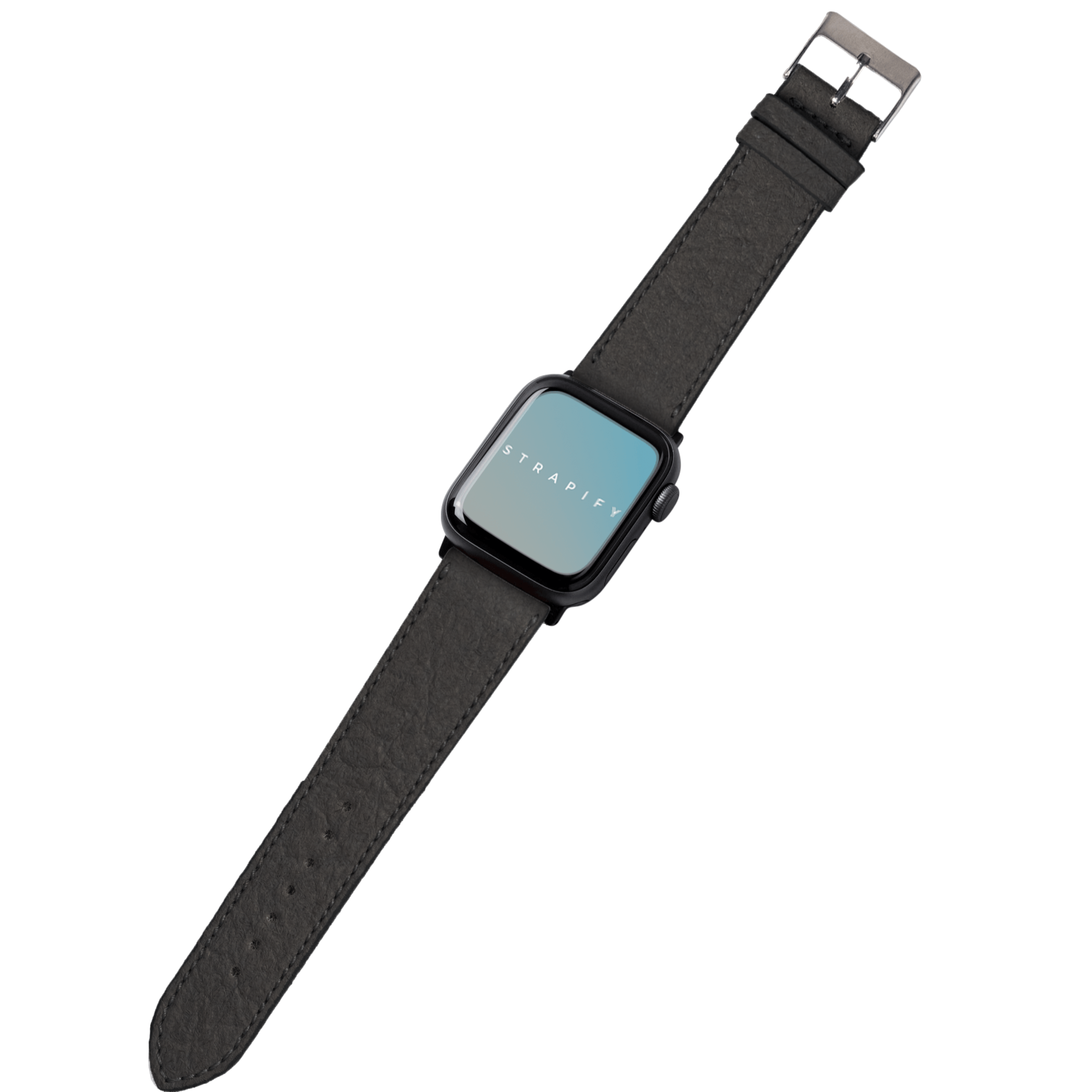 Black vegan leather smartwatch band with silver buckle for Apple Watch, featuring textured material and comfortable fit