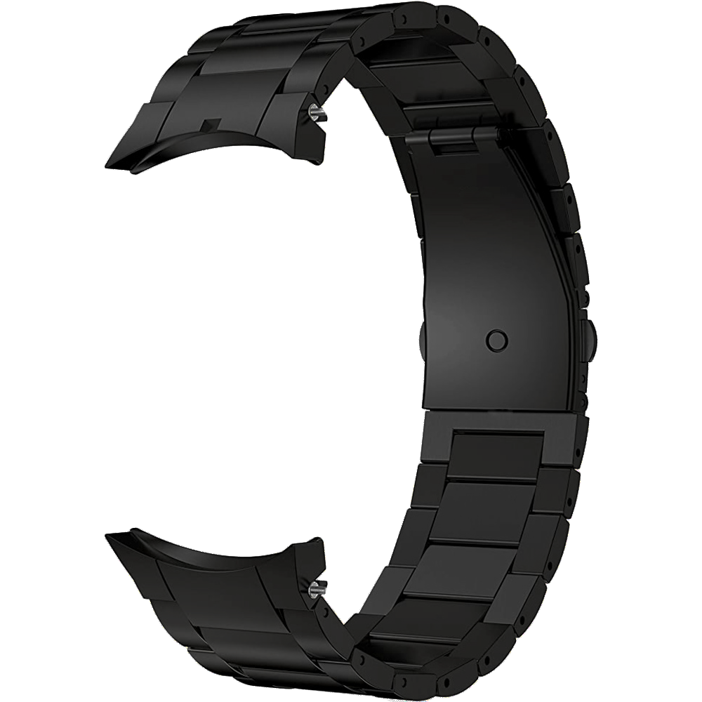 Black stainless steel watch band with link bracelet design for Galaxy Watch 4-7, showing curved connector ends and adjustment links
