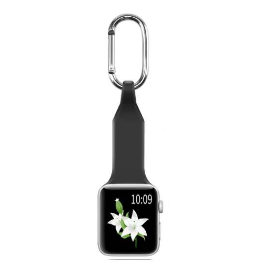 Silver carabiner clip with black silicone watch holder for Apple Watch, displaying time and flower wallpaper