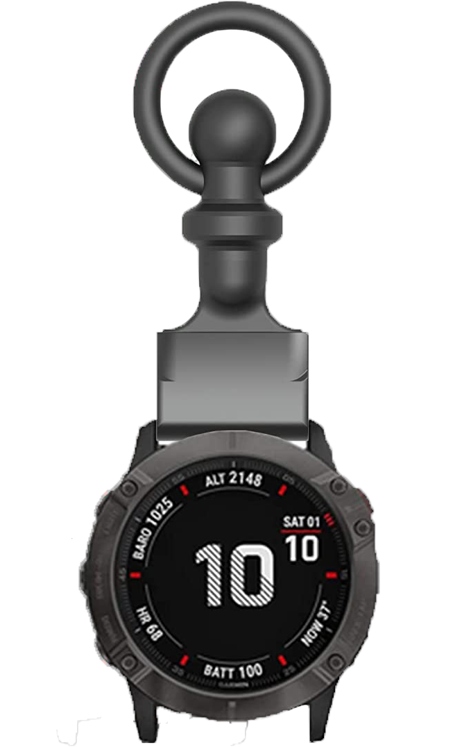 Black professional watch fob with quickfit 20mm strap attachment and digital display showing date and battery status
