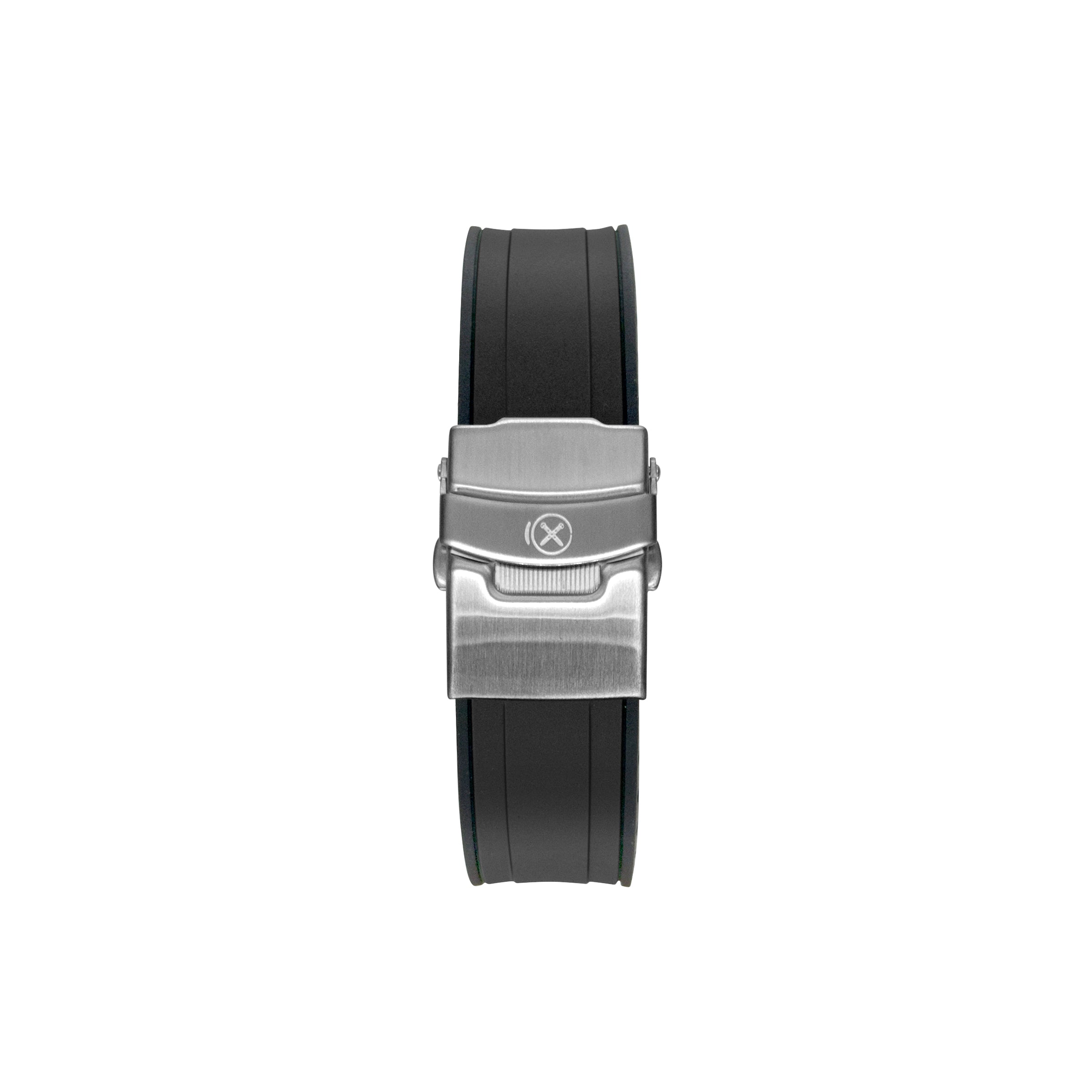 Brushed stainless steel dive watch buckle with curved black rubber strap and logo emblem
