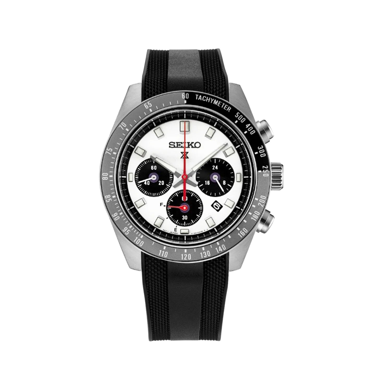 Seiko Prospex Speedtimer chronograph watch with white dial, black rubber strap and tachymeter bezel