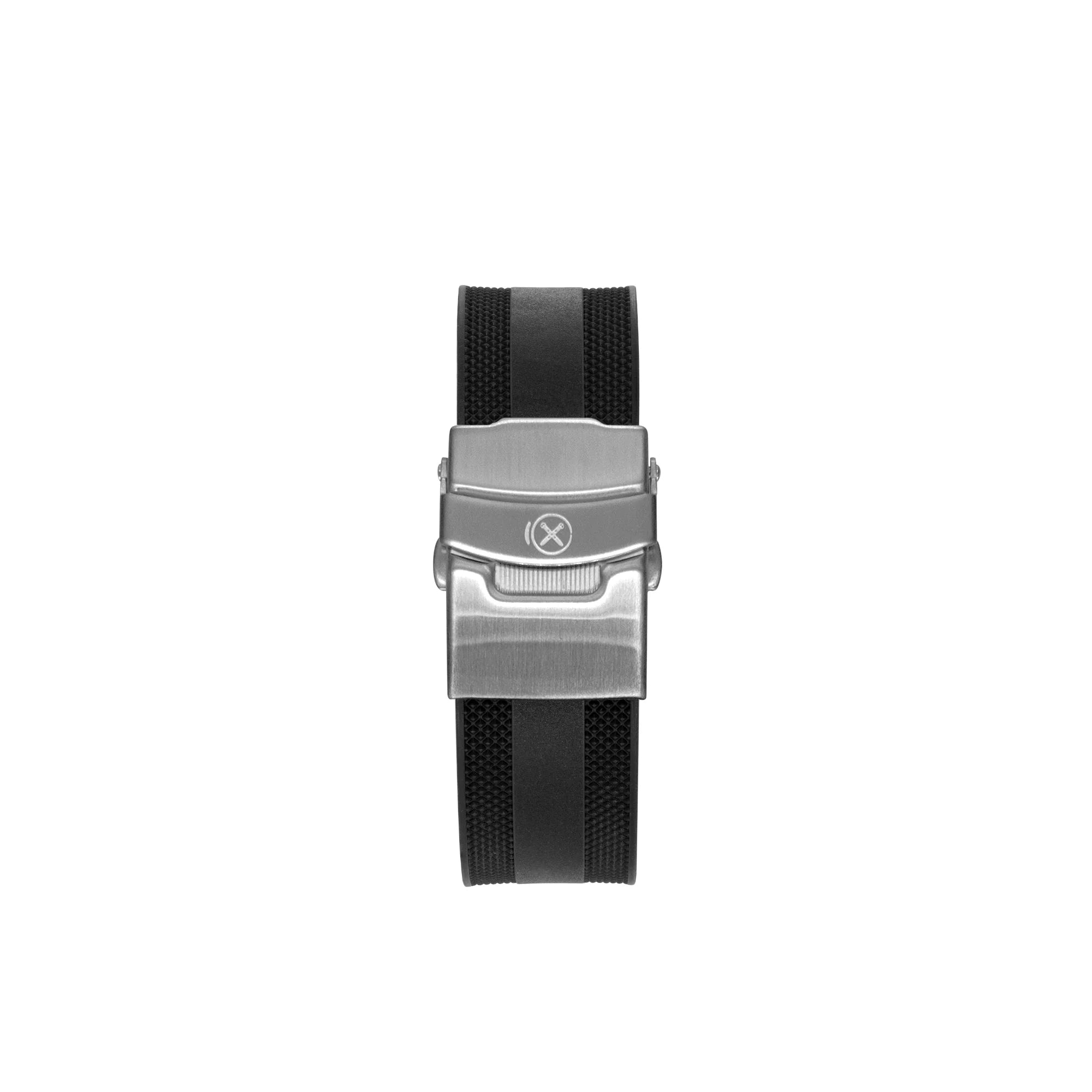 Black rubber watch strap with curved ends and brushed metal deployment buckle for Seiko Prospex SPEEDTIMER