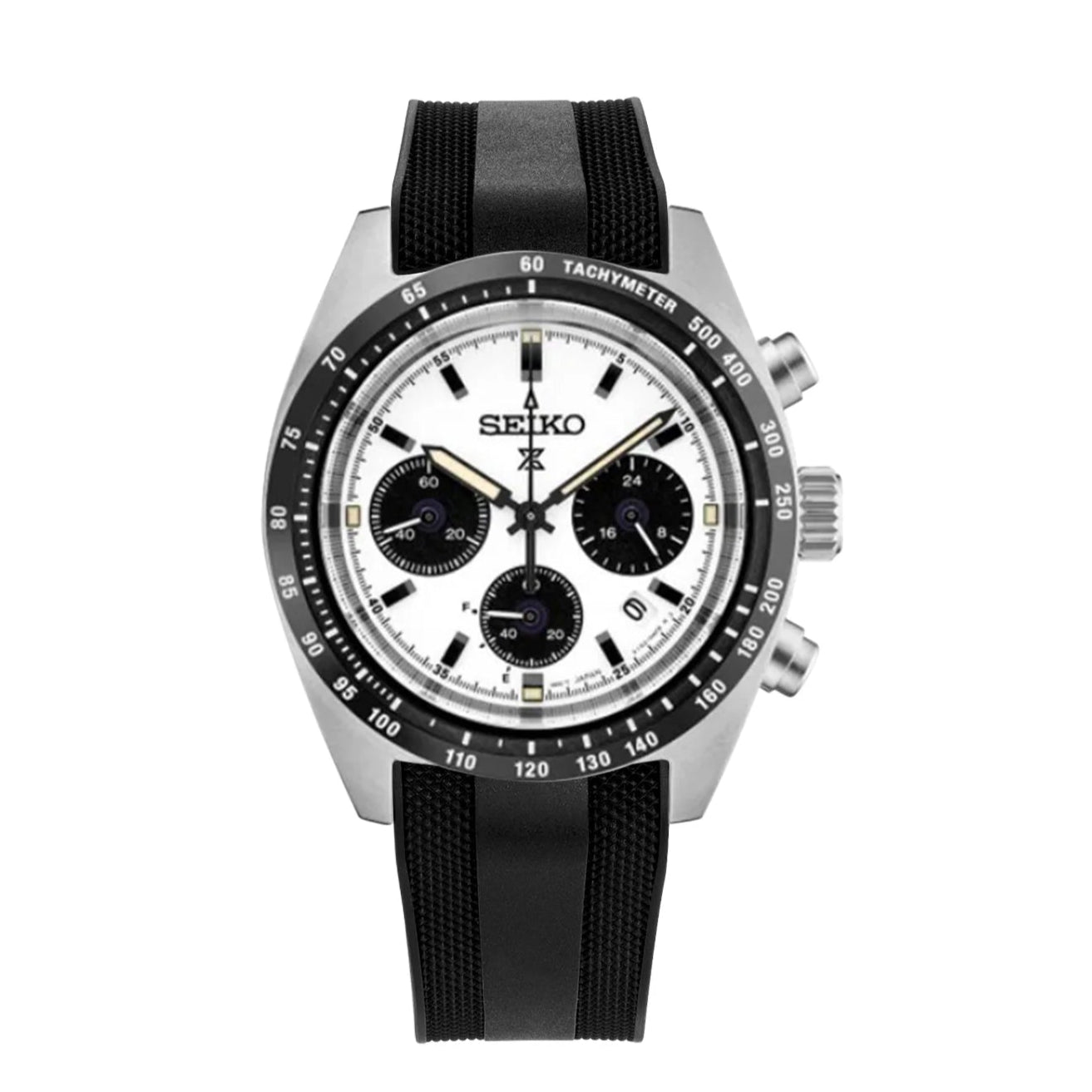 Seiko Prospex Speedtimer chronograph watch with silver case, white dial, black subdials, tachymeter bezel, and black rubber strap