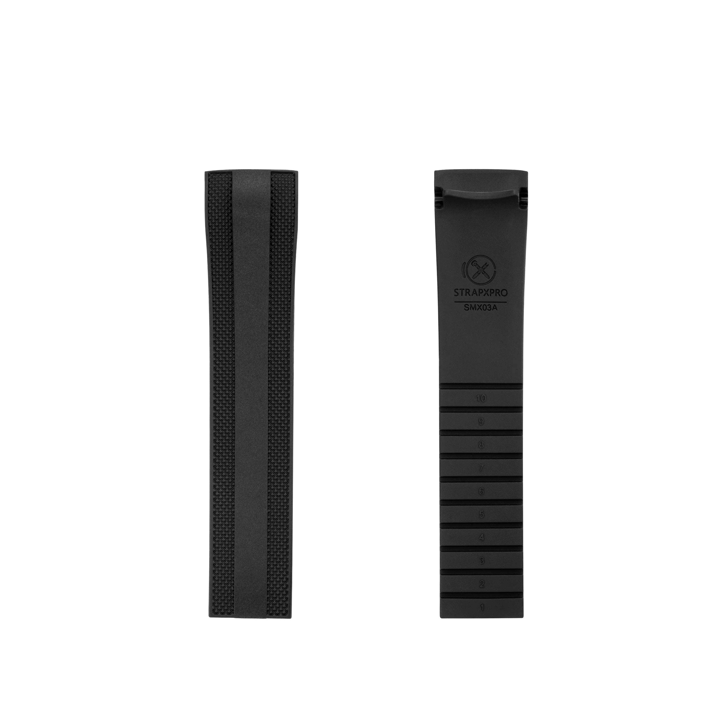 Black rubber watch strap with curved ends for Seiko Prospex SPEEDTIMER SSC813, showing front and back views
