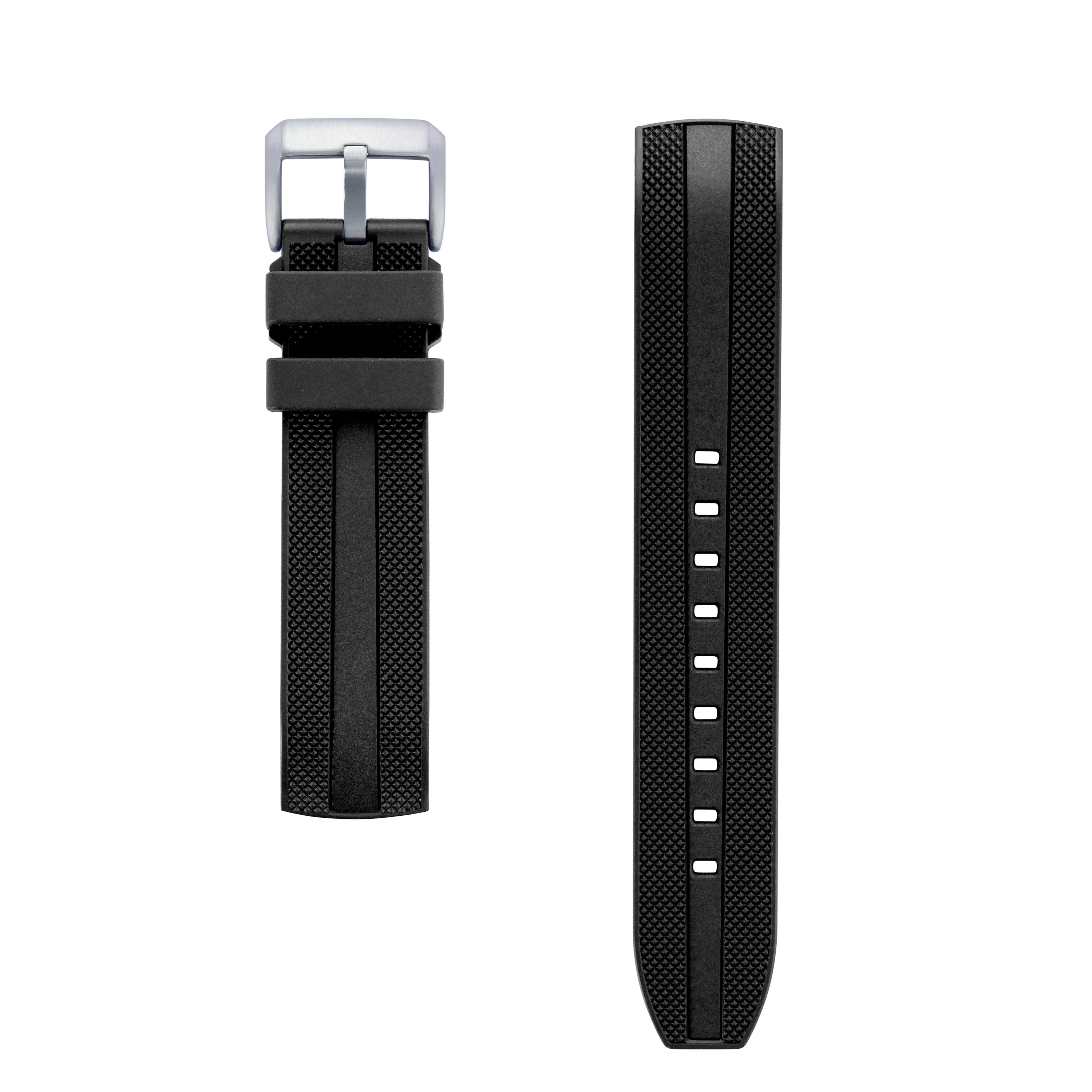 Black rubber watch strap with curved ends, silver buckle, and adjustment holes for Seiko Prospex modern dive watches