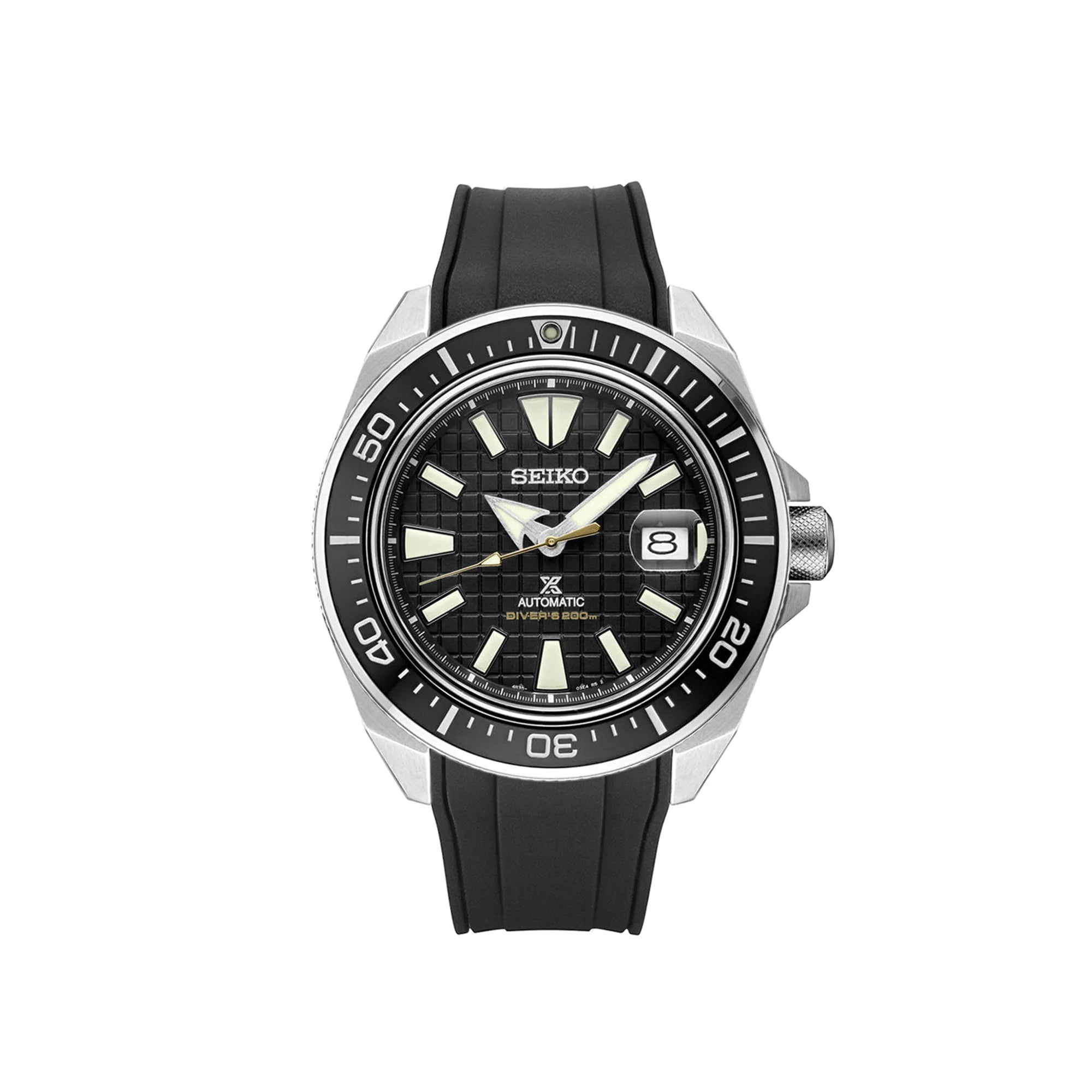 Seiko Prospex automatic diver's watch with black dial, luminous hands, date window, stainless steel case and black rubber strap