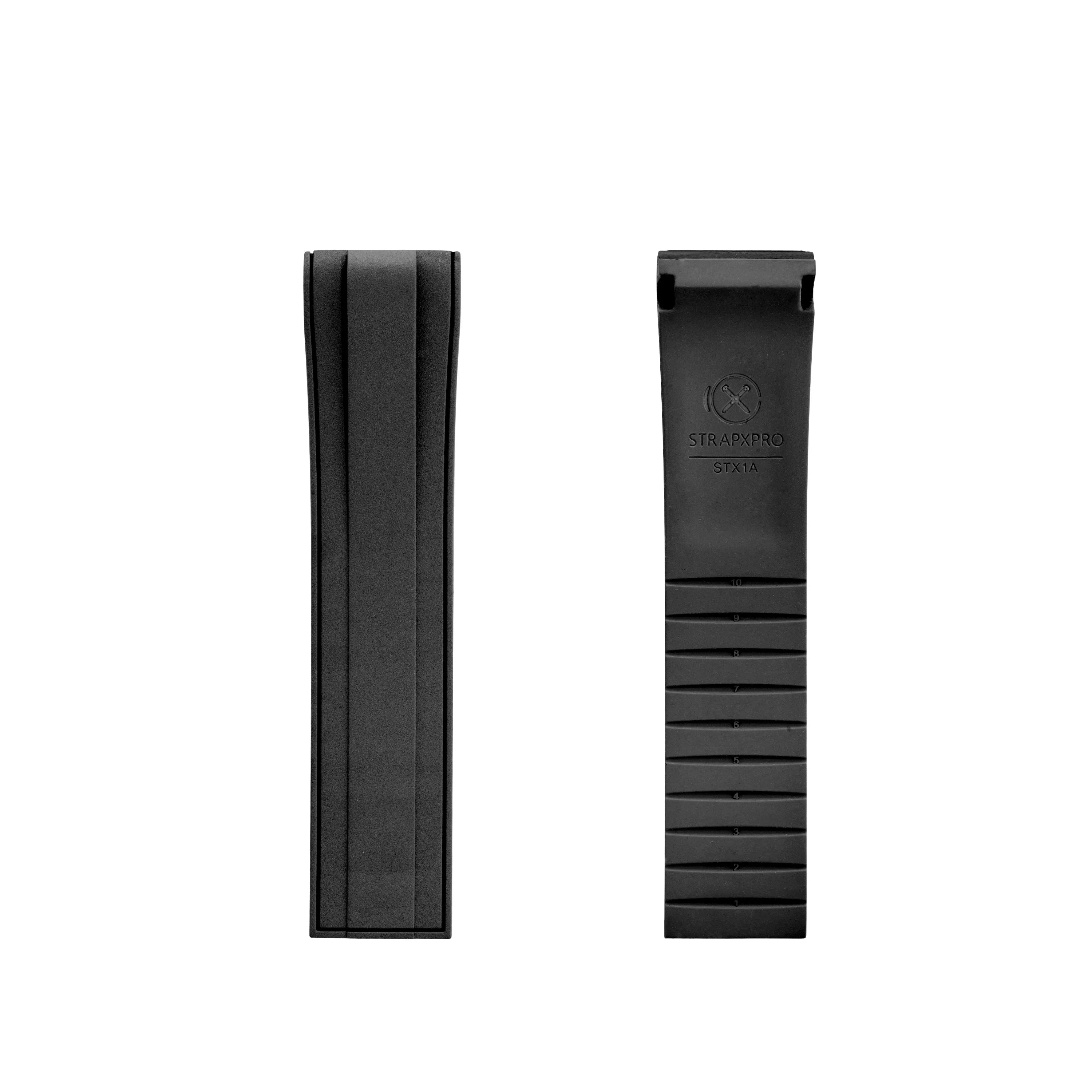 StrapXPro STX1A black rubber watch strap with curved ends for Seiko Prospex Turtle, shown front and back view