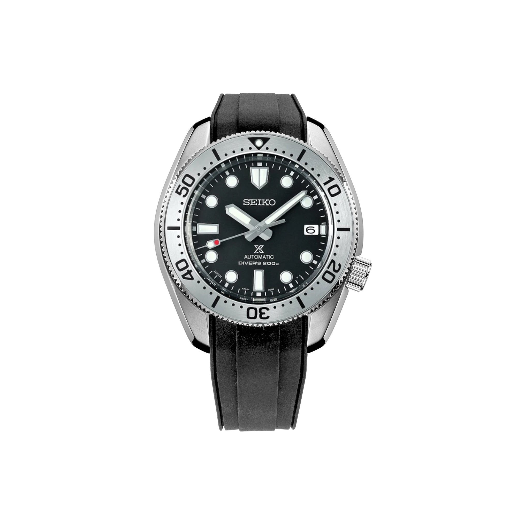 Seiko Prospex Baby Marinemaster automatic diver watch with stainless steel case, black dial, and black rubber strap