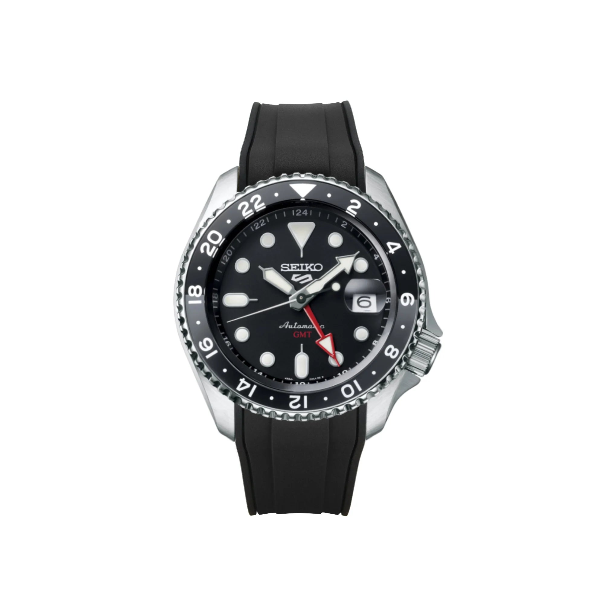 Seiko 5 Sports GMT automatic watch with black dial, stainless steel case, black rubber strap, and GMT bezel