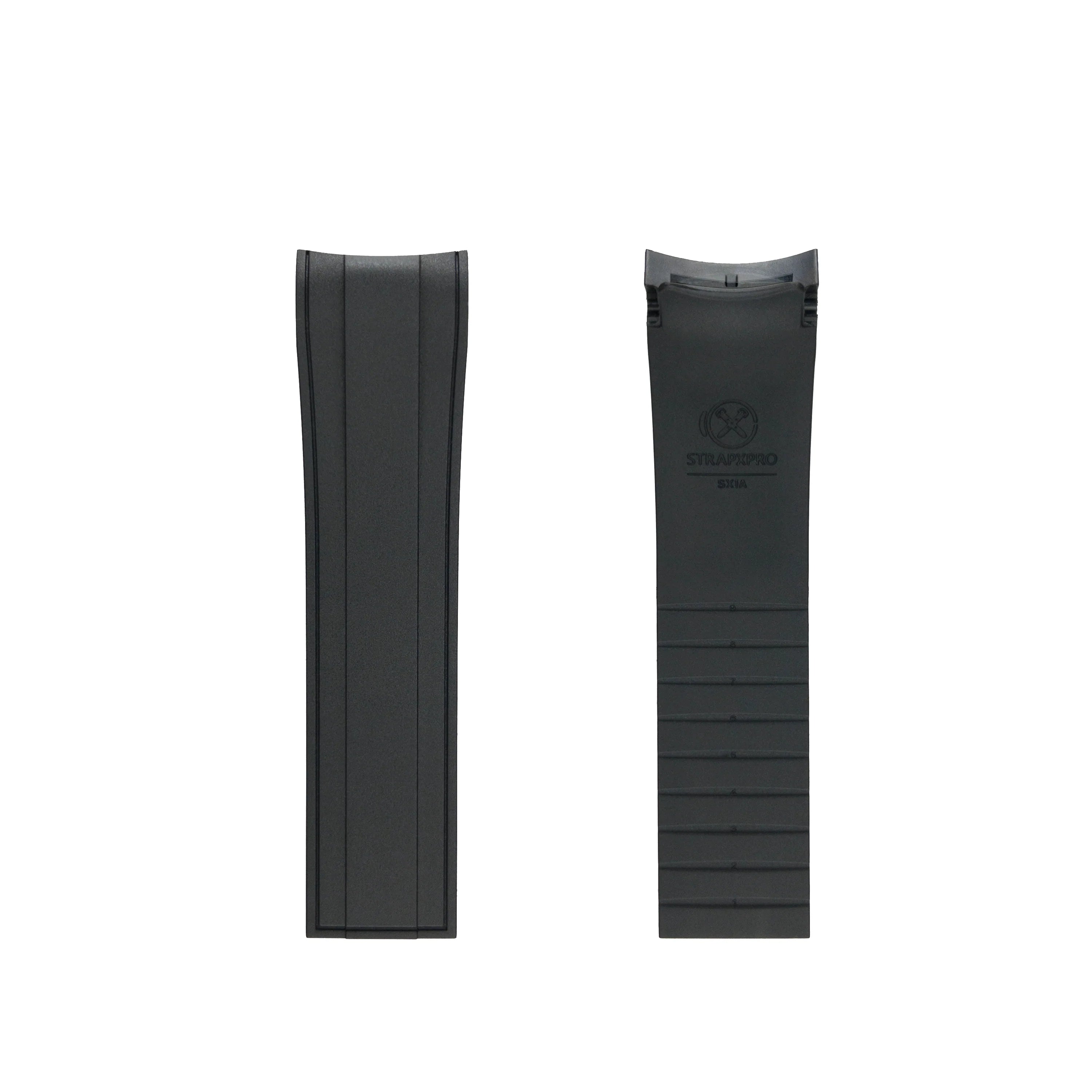Black curved-end rubber strap for Seiko SKX series watches with grip texture and brand logo