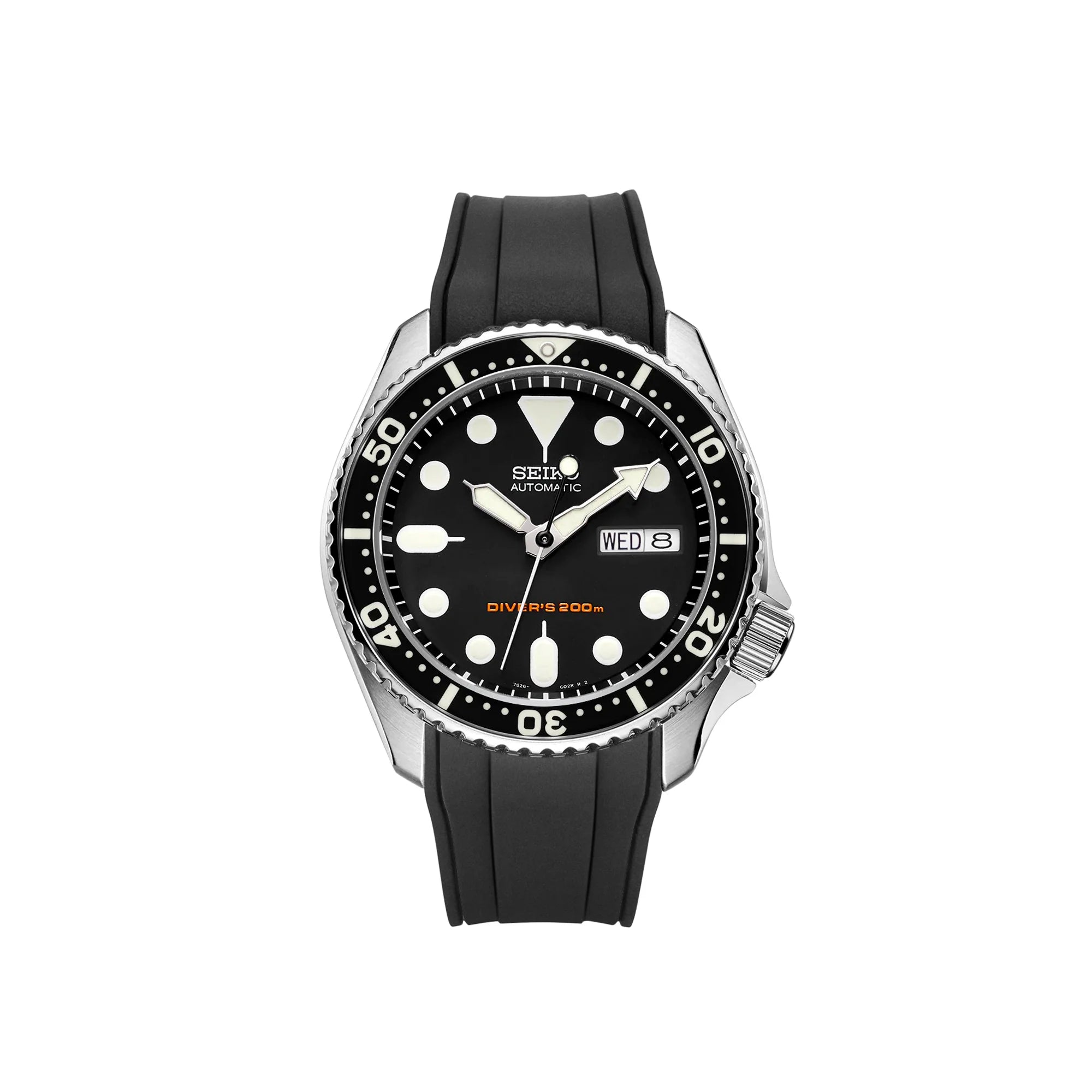 Seiko automatic diver watch with black dial, luminous markers, 200m water resistance, day-date window, and rubber strap