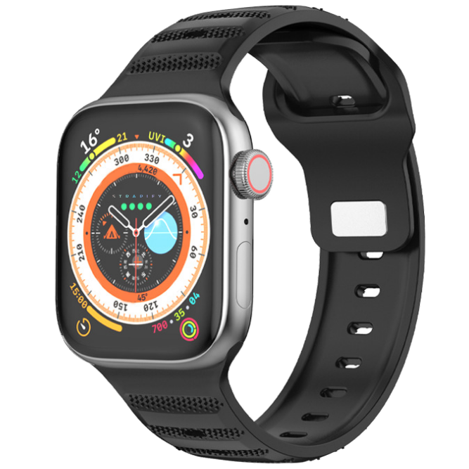 Smartwatch with ridged black silicone sports band, colorful compass dial, and multi-function fitness tracking display