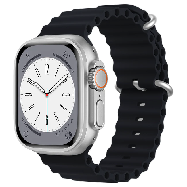 Silver stainless steel smartwatch with white analog dial and black sport loop band featuring perforated design